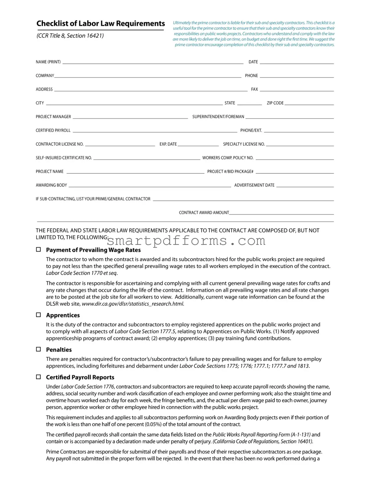 Blank Checklist Labor Law PDF Template