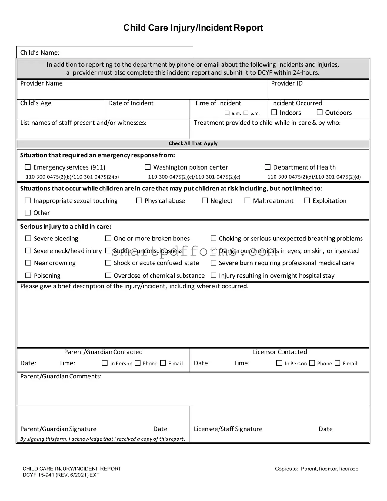 Blank Child Care Incident Report PDF Template