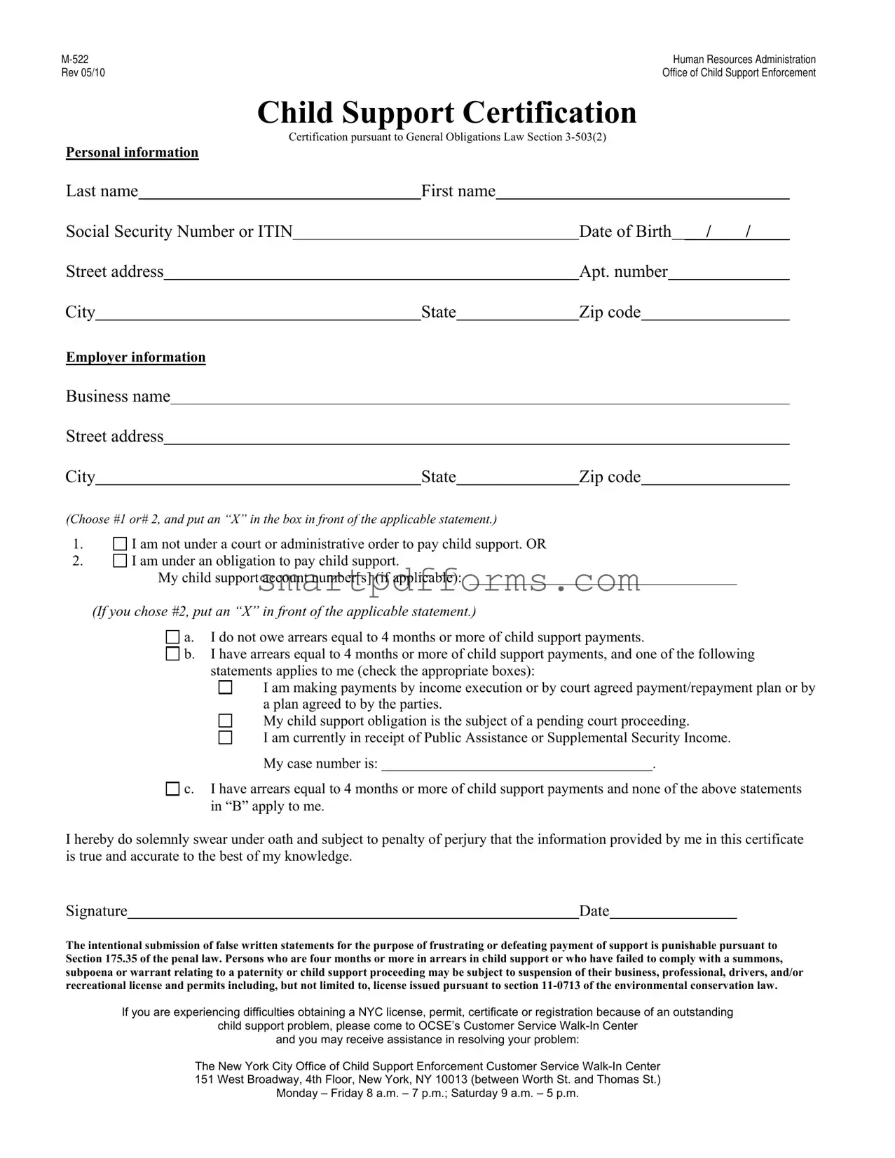 Blank Child Support Certification PDF Template