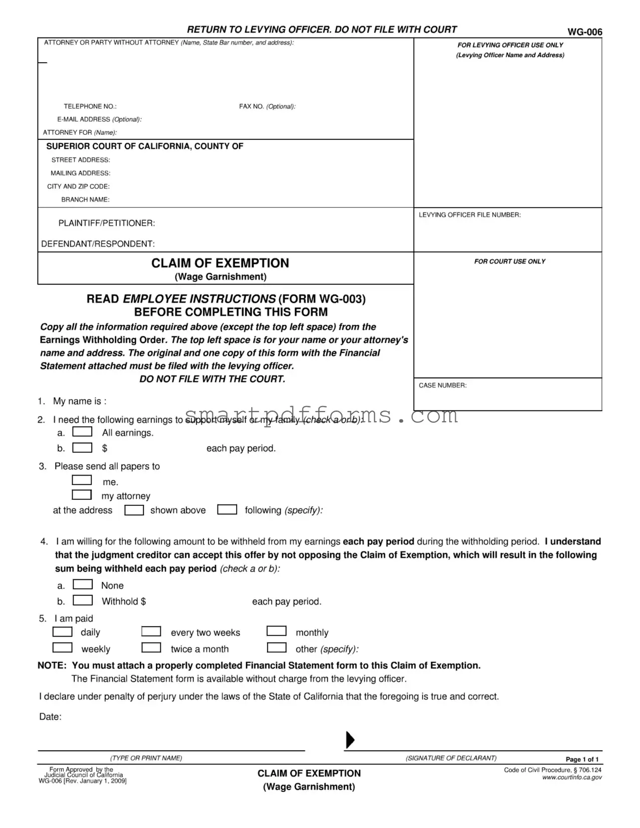 Blank Claim Of Exemption Wg 006 PDF Template