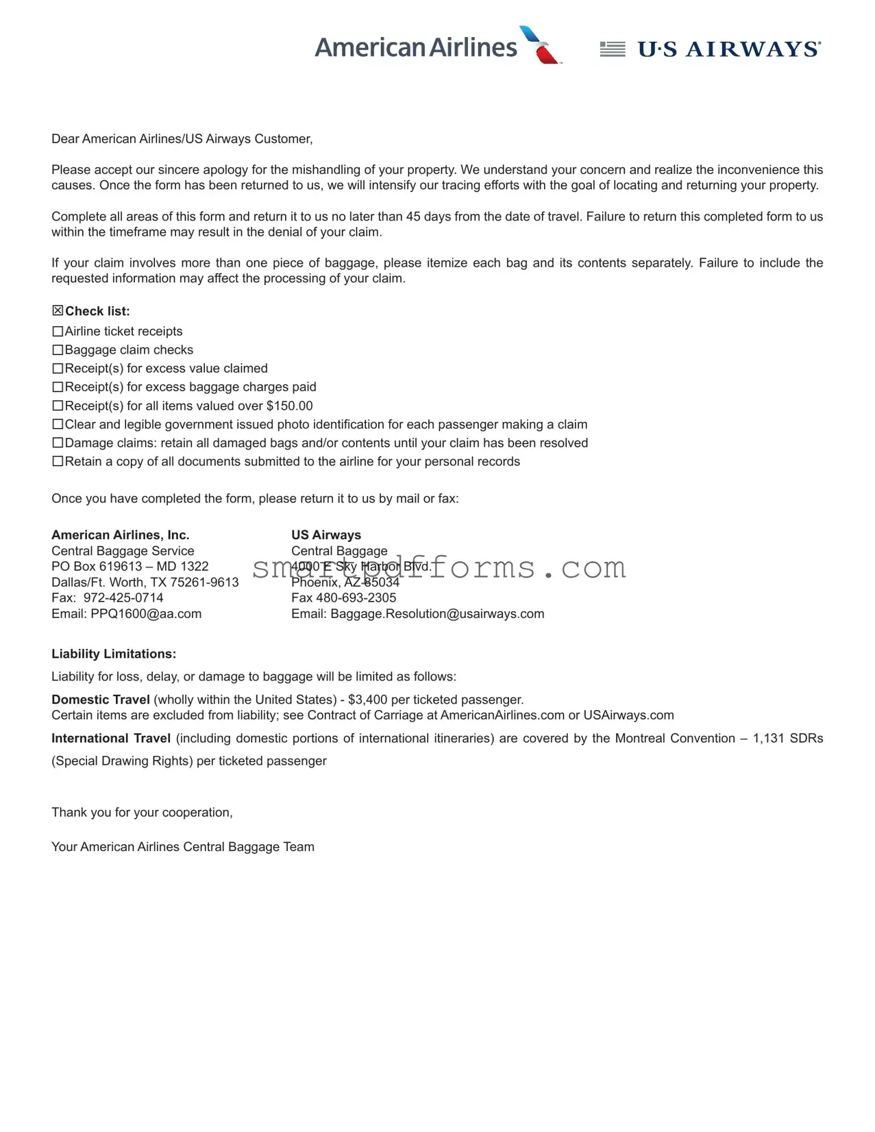 Blank Claim Passenger Property PDF Template
