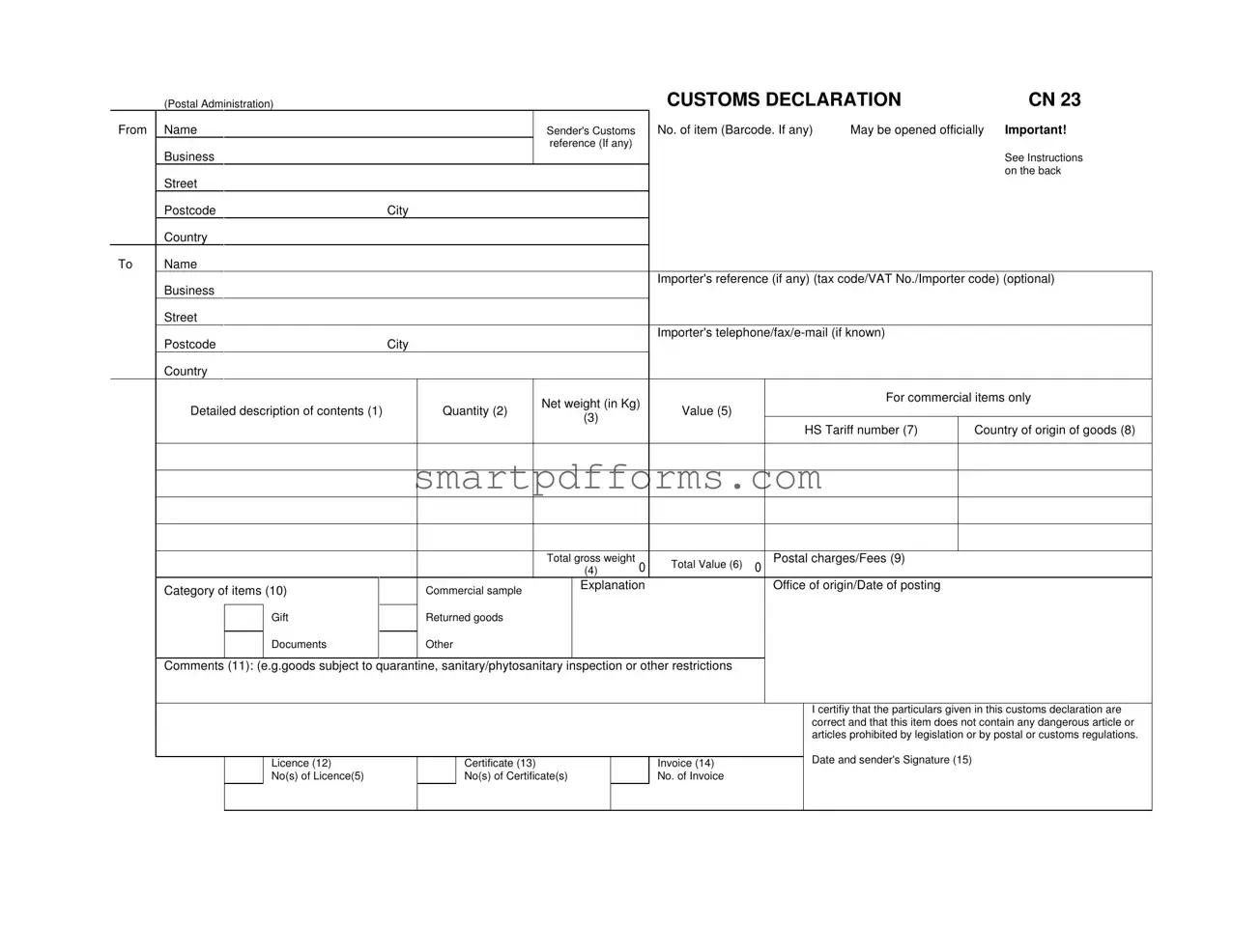 Blank Cn 23 Customs Declaration PDF Template