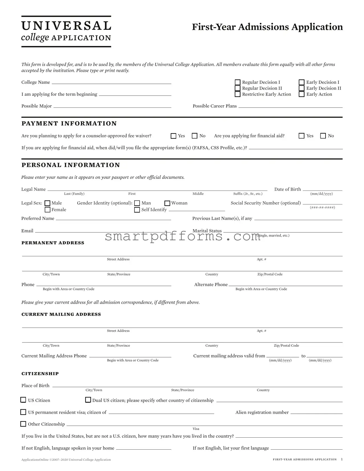 Blank Colleges Application PDF Template