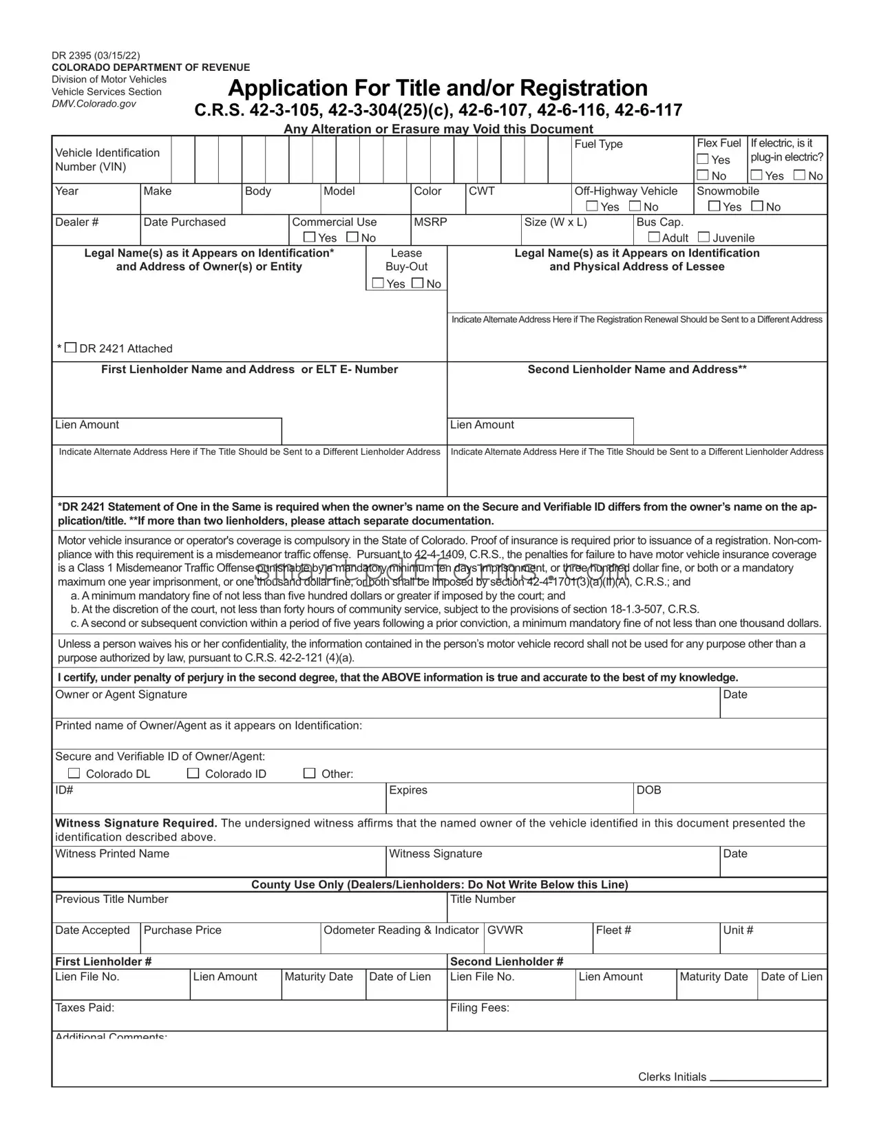 Blank Colorado Dr 2395 PDF Template