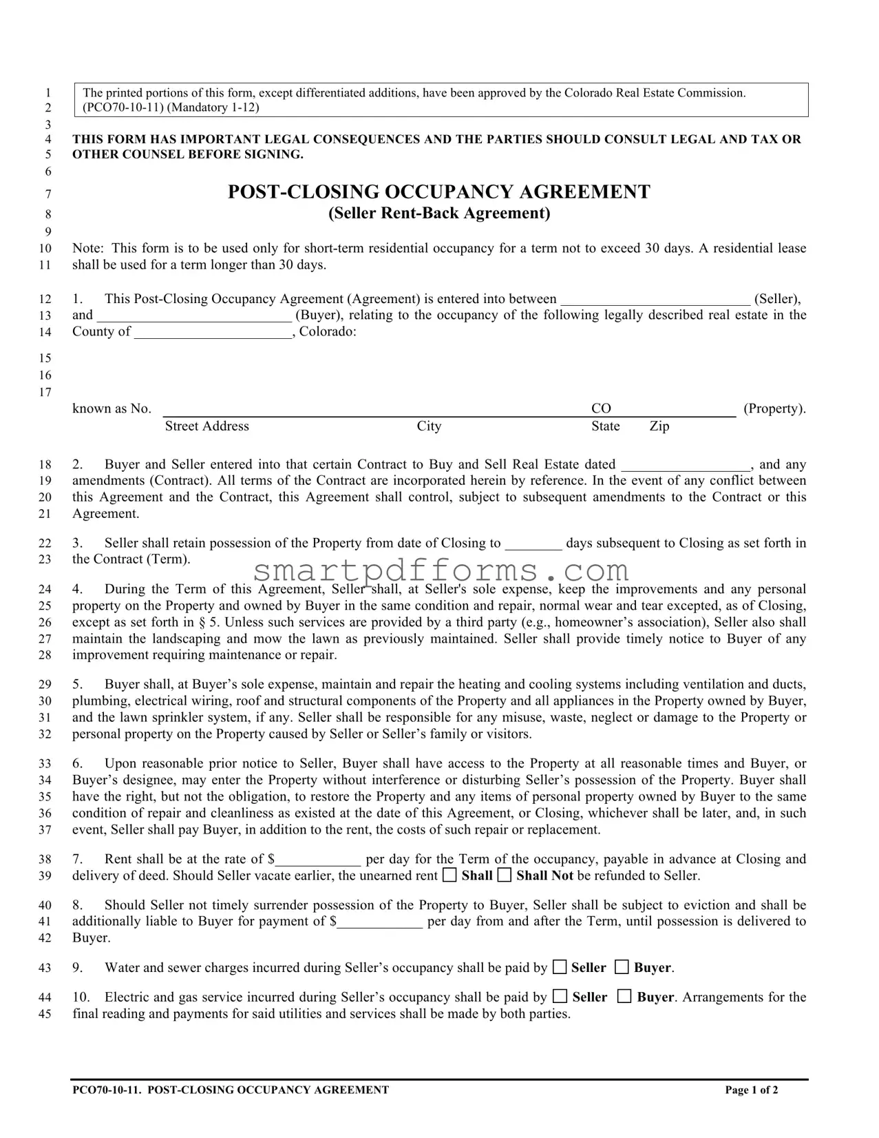Blank Colorado Post Closing Occupancy Agreement PDF Template