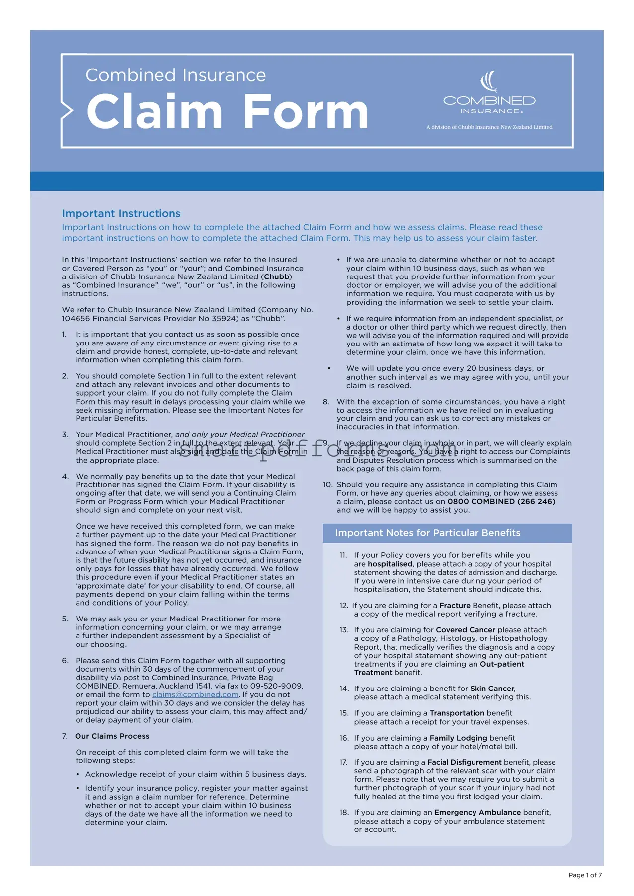 Blank Combined Insurance Claim PDF Template