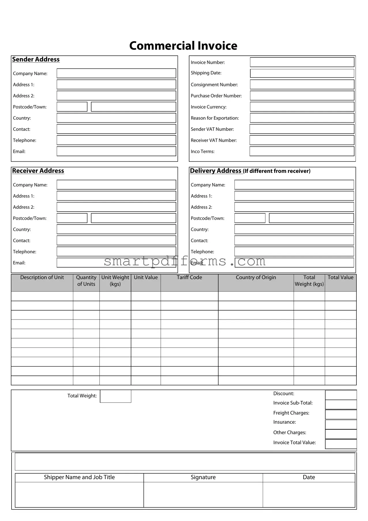 Blank Commercial Invoice PDF Template