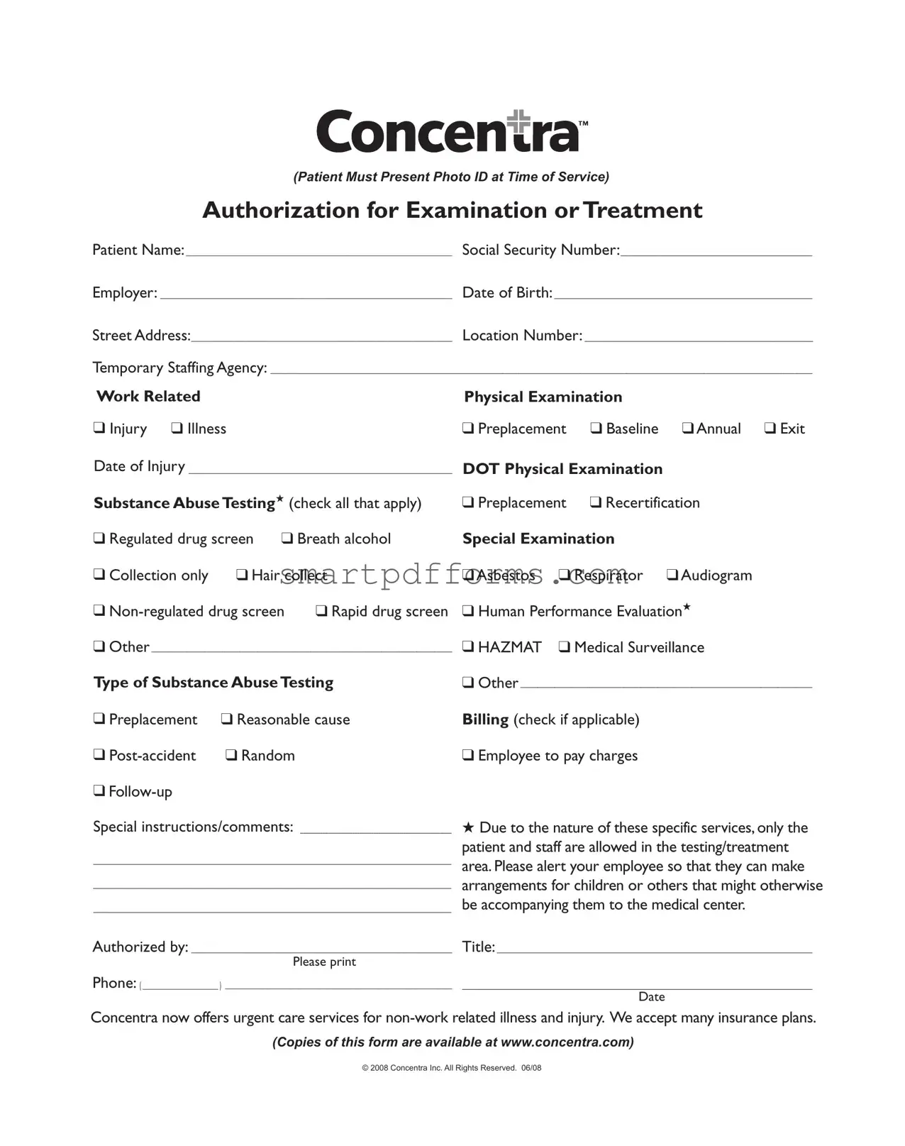Blank Concentra Authorization PDF Template