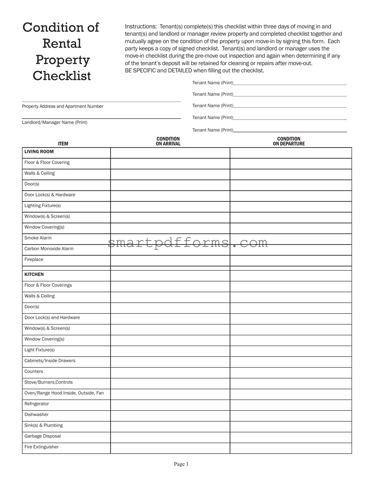 Blank Condition of Property Checklist PDF Template