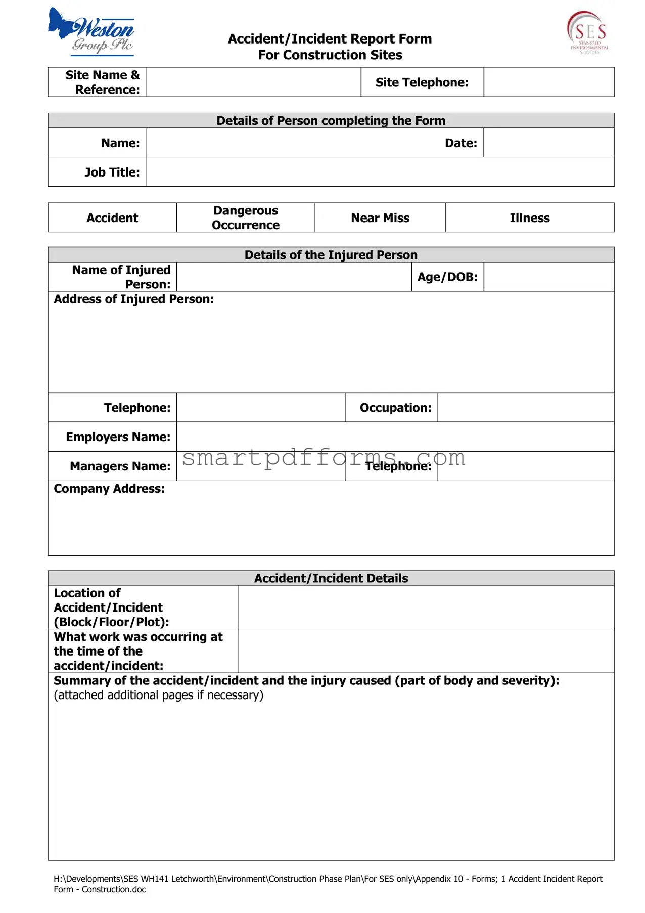 Blank Construction Accident Report PDF Template
