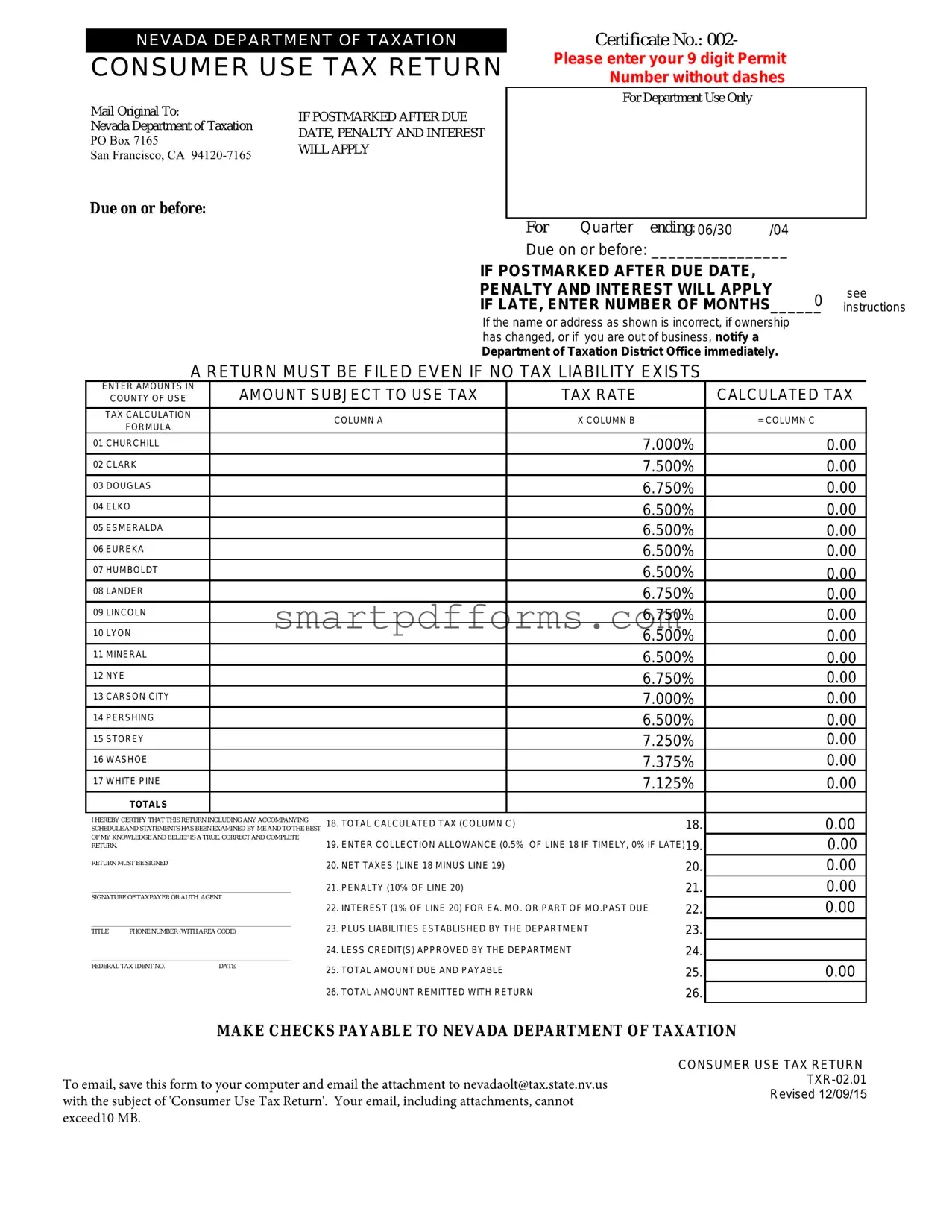 Blank Consumer Use Tax Return Nevada PDF Template