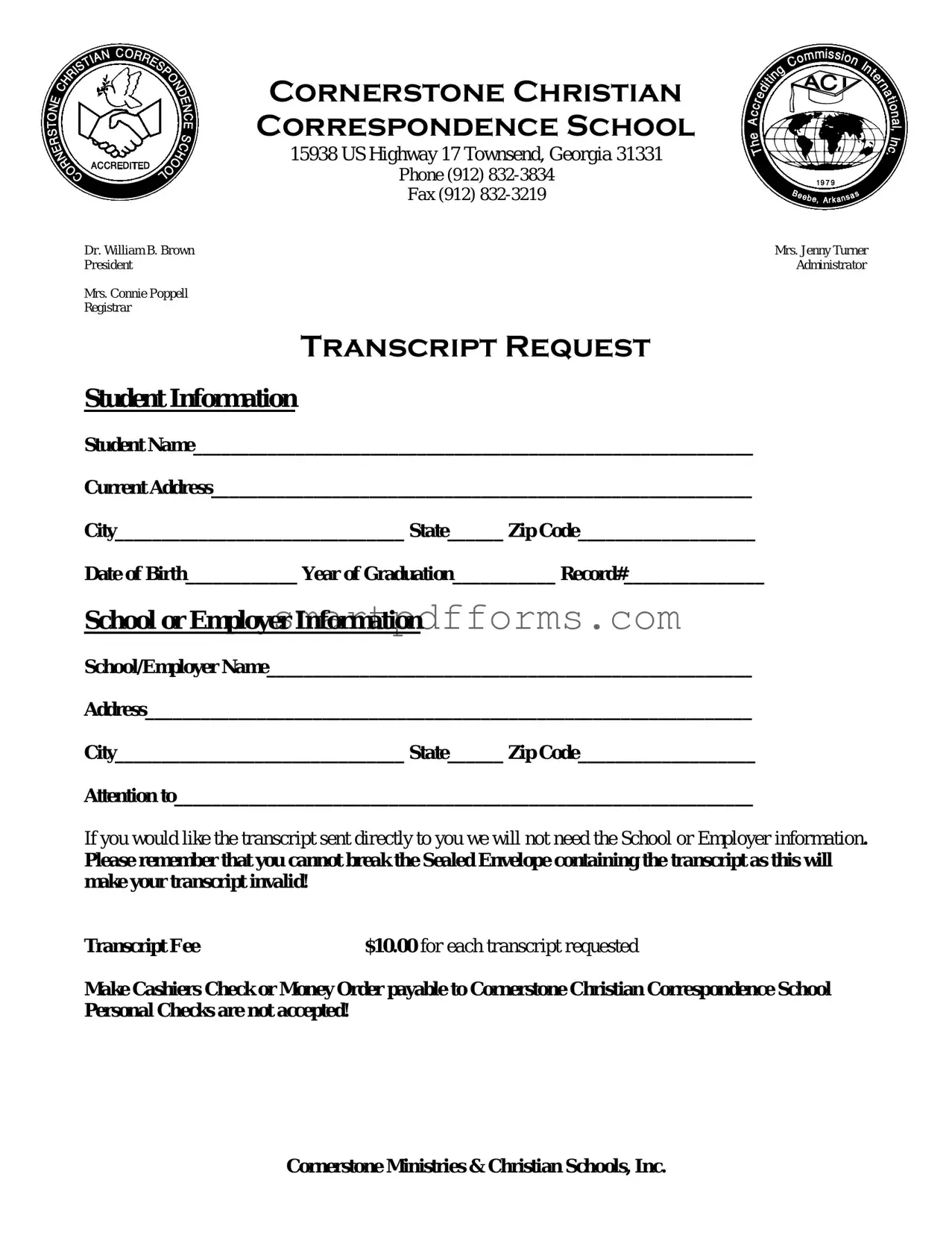 Blank Cornerstone Christian Correspondence School Transcript PDF Template