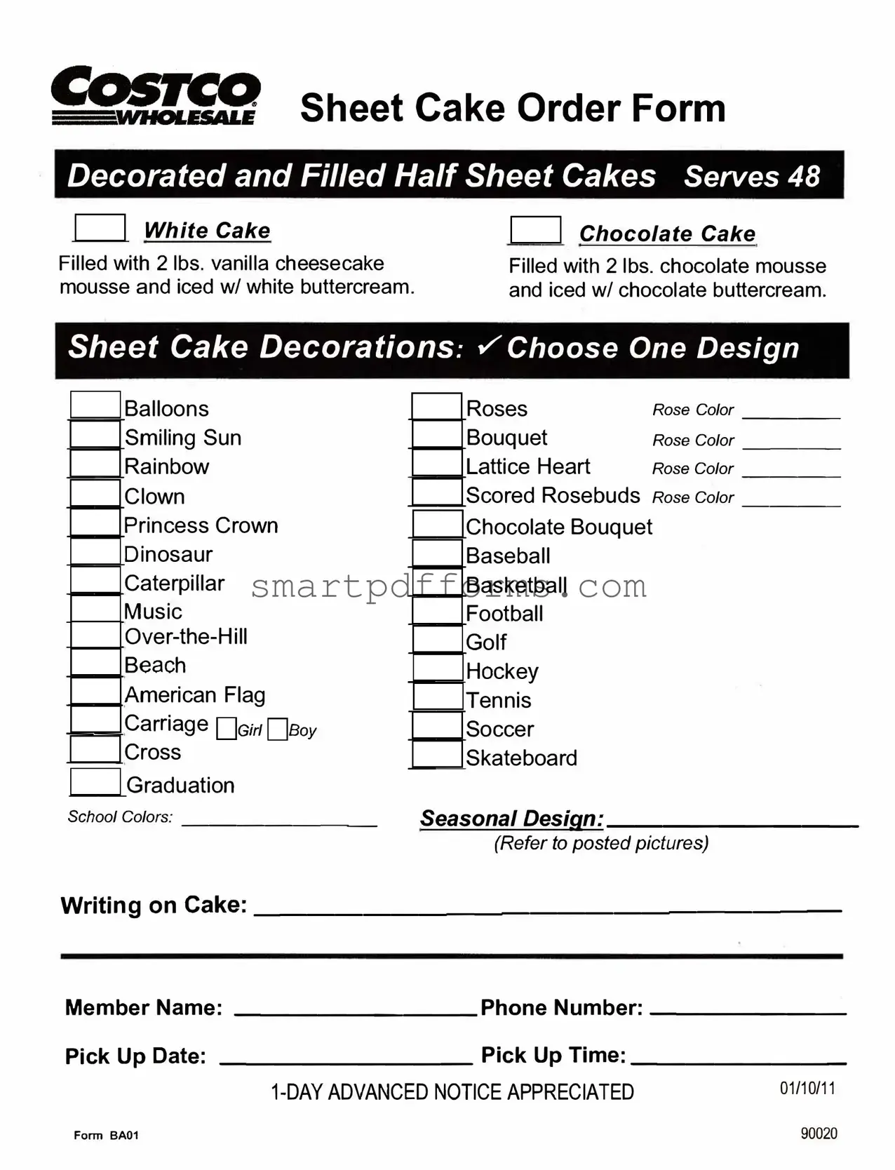 Blank Costco cake order form PDF Template