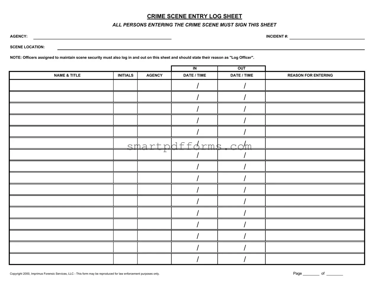 Blank Crime Scene Entry Log PDF Template
