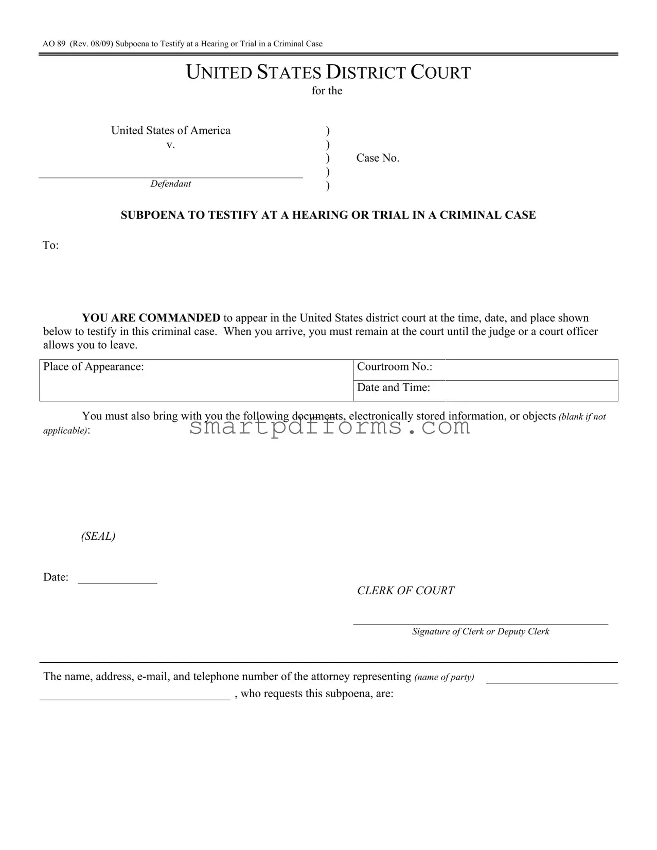 Blank Criminal Subpoena PDF Template