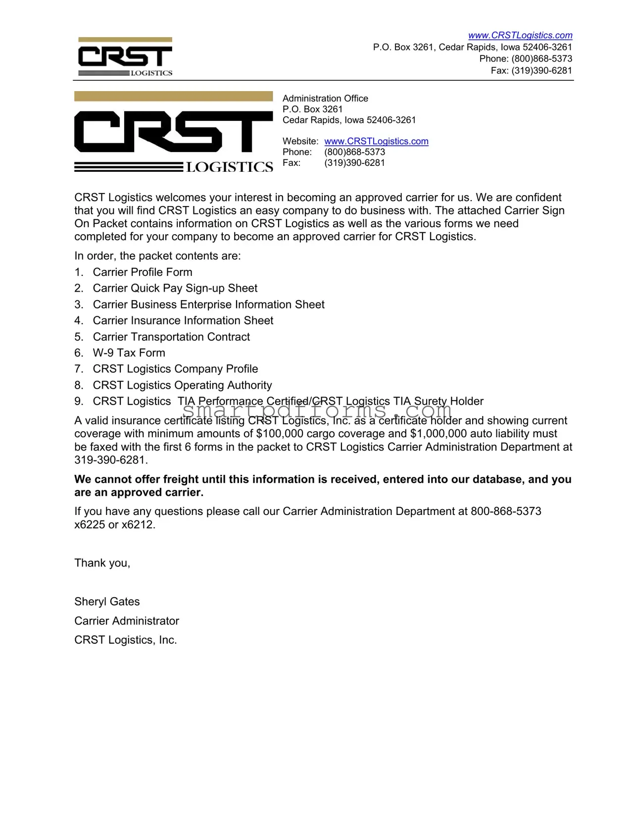 Blank Crst Logistics Carrier Packet PDF Template