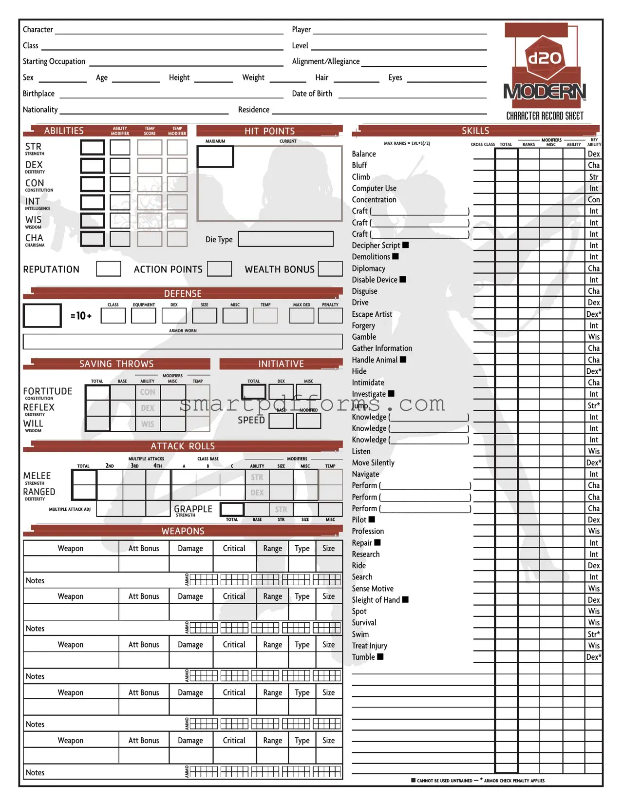 Blank D20 Modern Sheet PDF Template