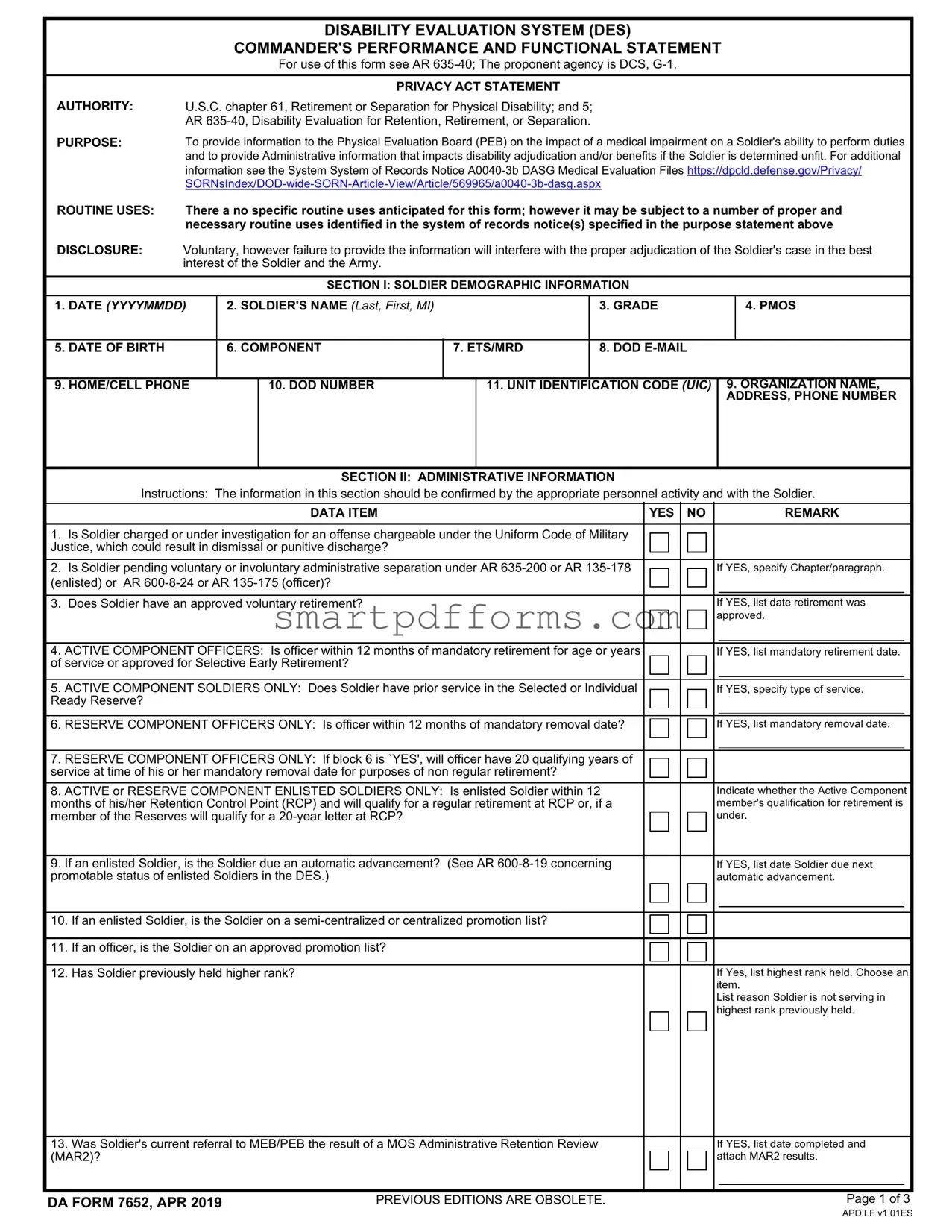 Blank Da 7652 PDF Template