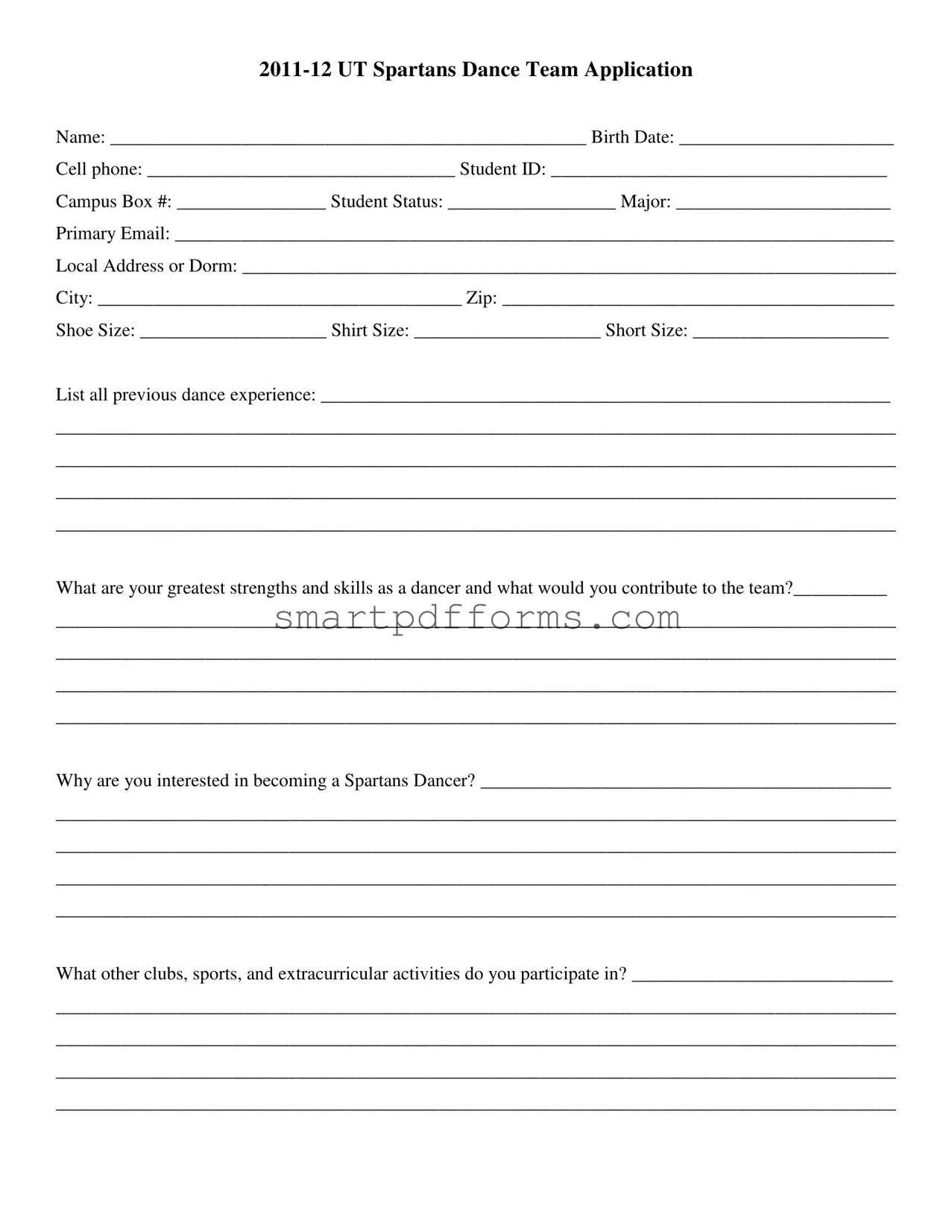 Blank Dance Application PDF Template