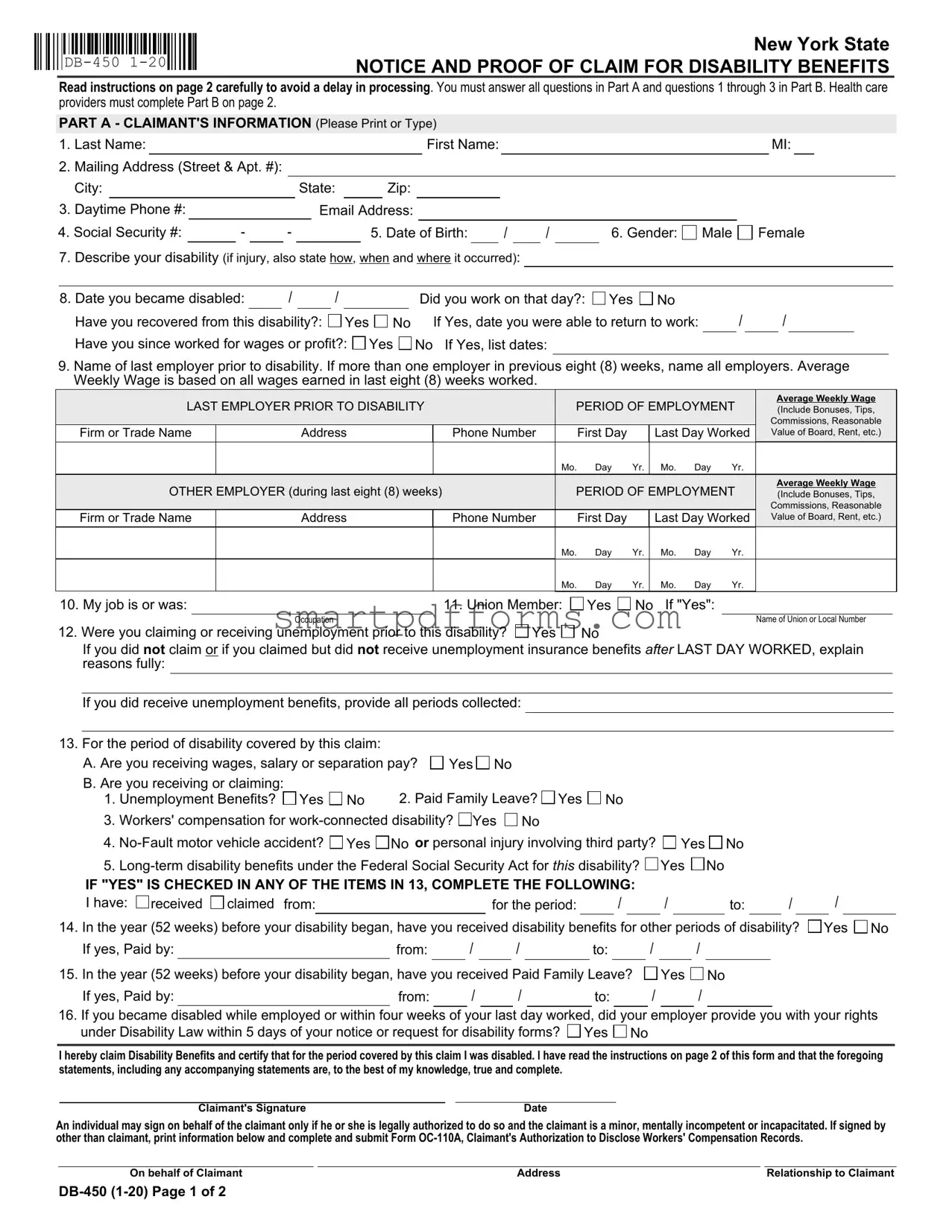 Blank Db 450 Disability PDF Template