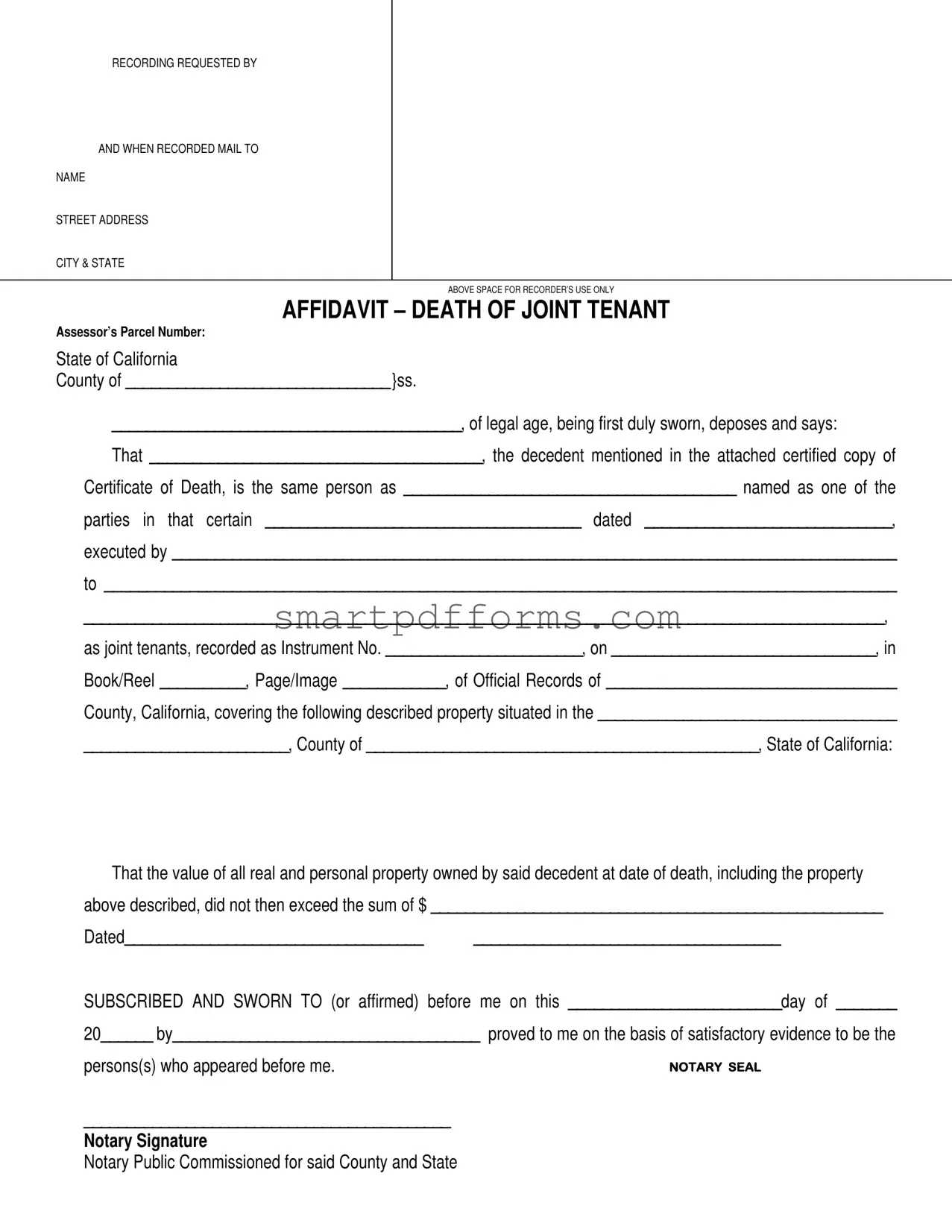 Blank Death Of Joint Tenant PDF Template