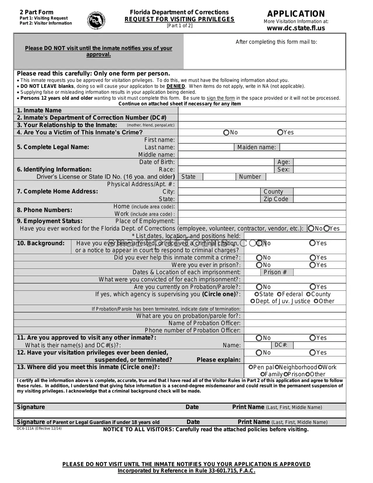 Blank Department Of Corrections Visitation Florida PDF Template