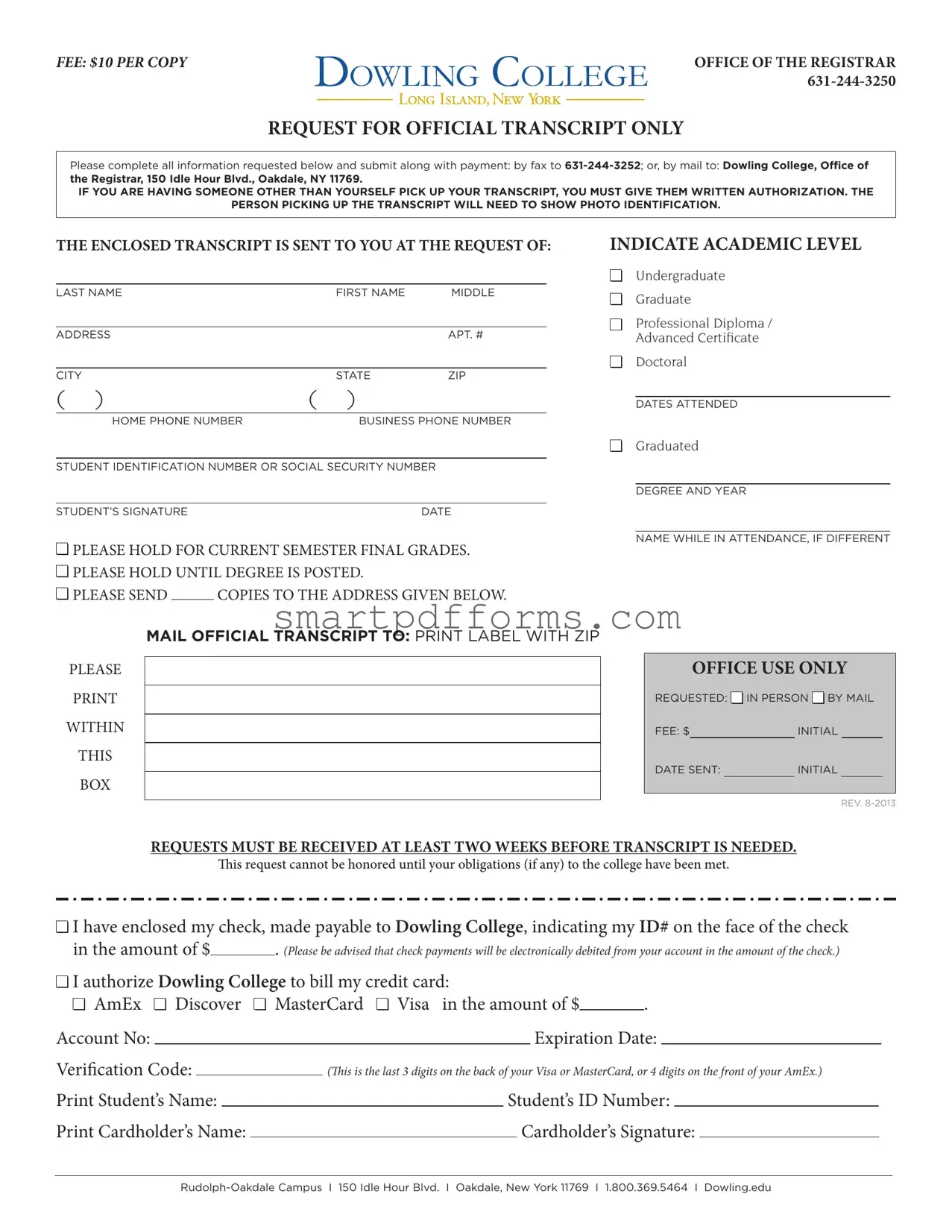 Blank Dowling College Transcript PDF Template
