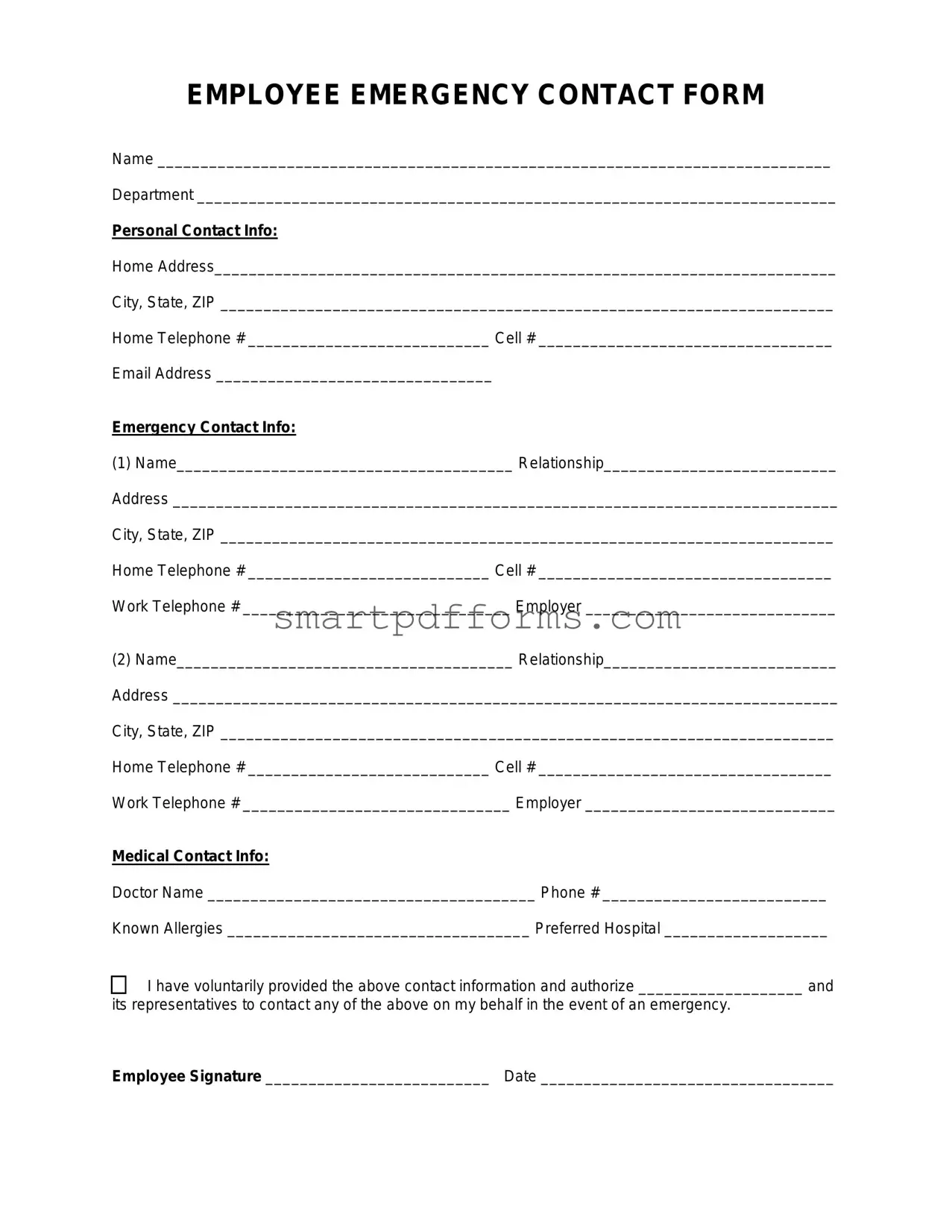 Blank Employee Emergency Contact PDF Template