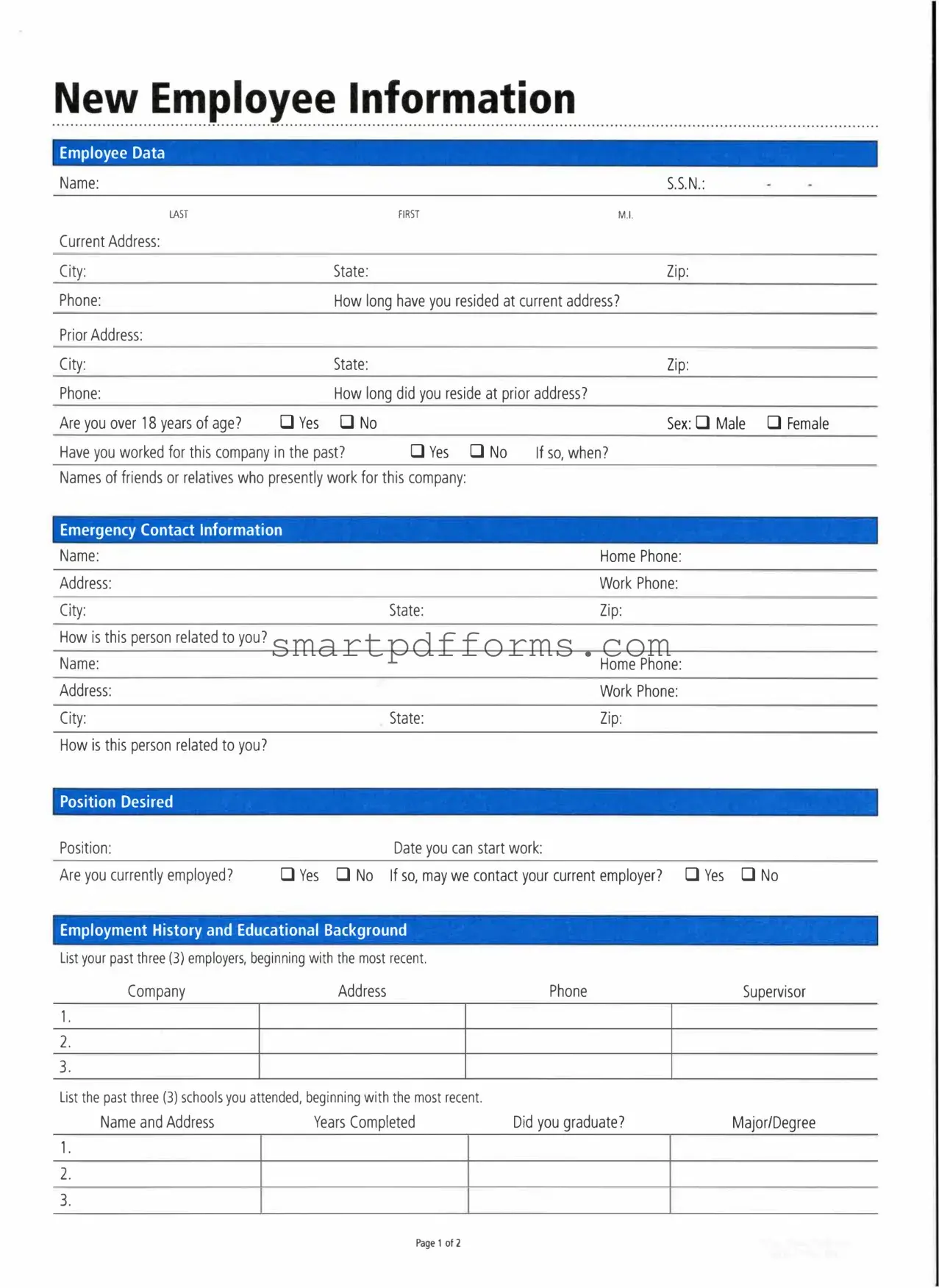 Blank Employee Information PDF Template