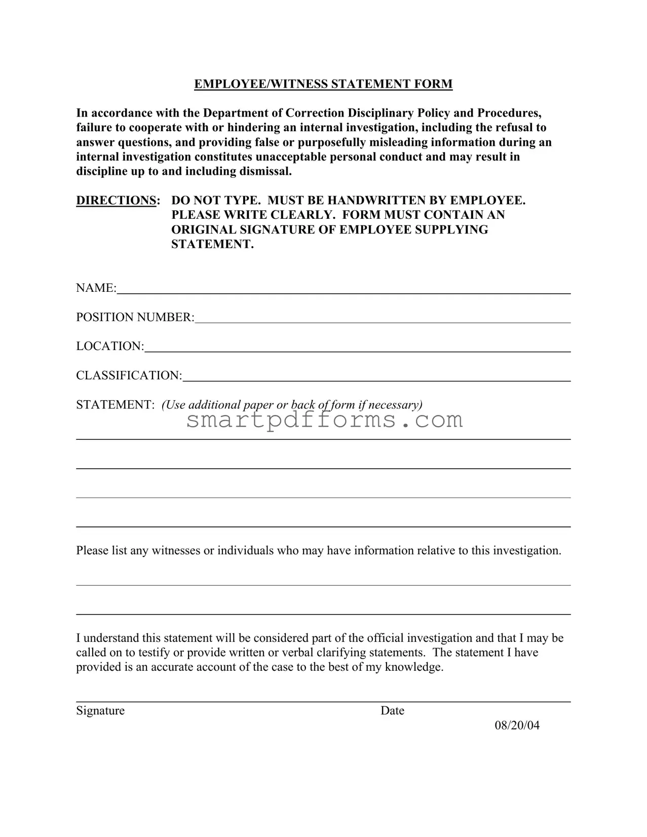 Blank Employee Statement PDF Template