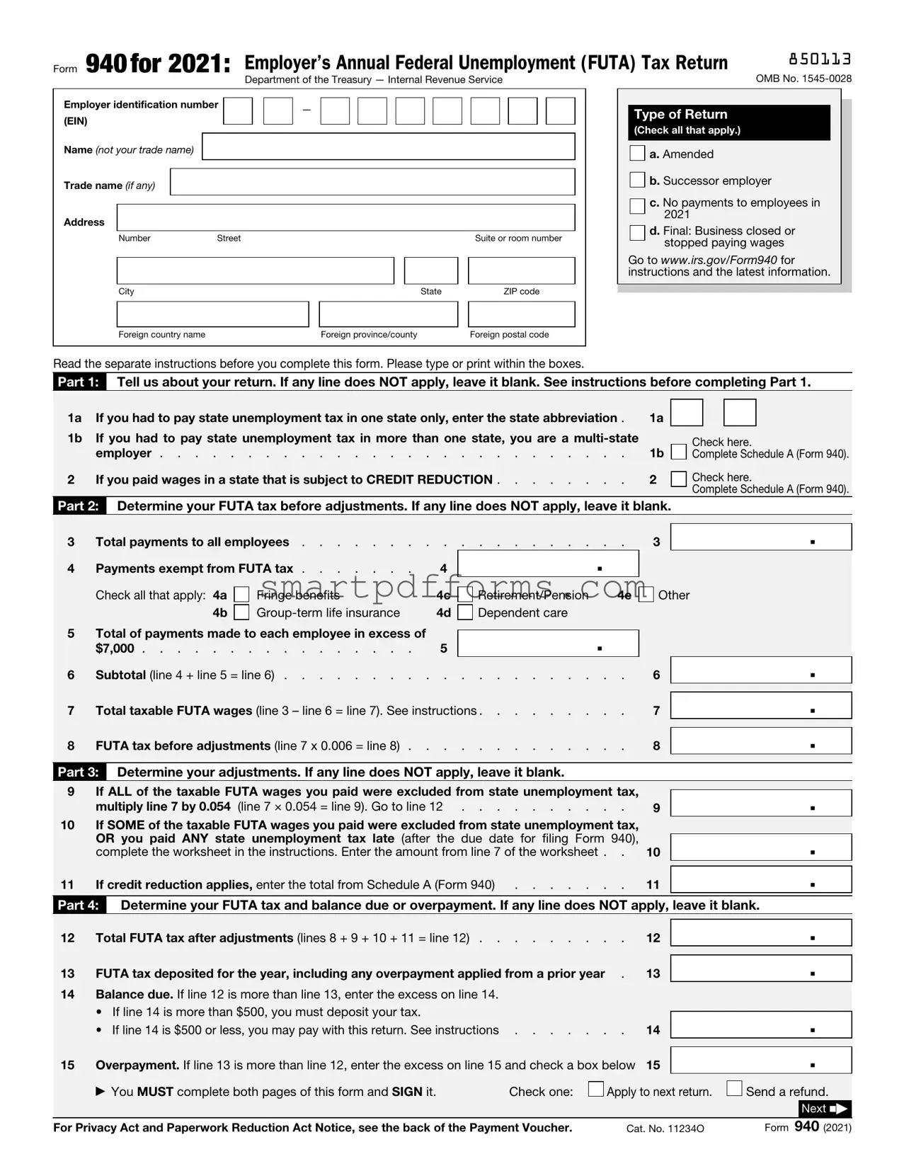 Blank IRS 940 PDF Template