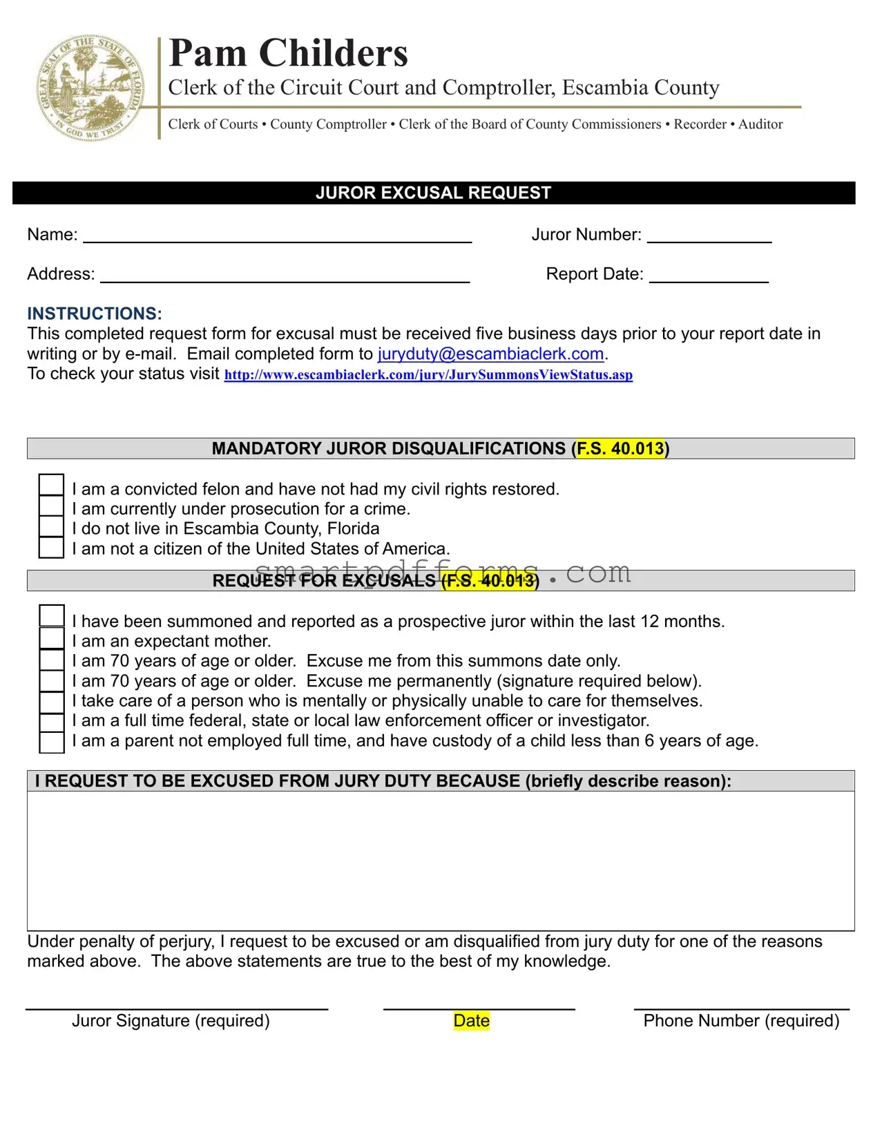 Blank Escambia County Jury Excusal PDF Template