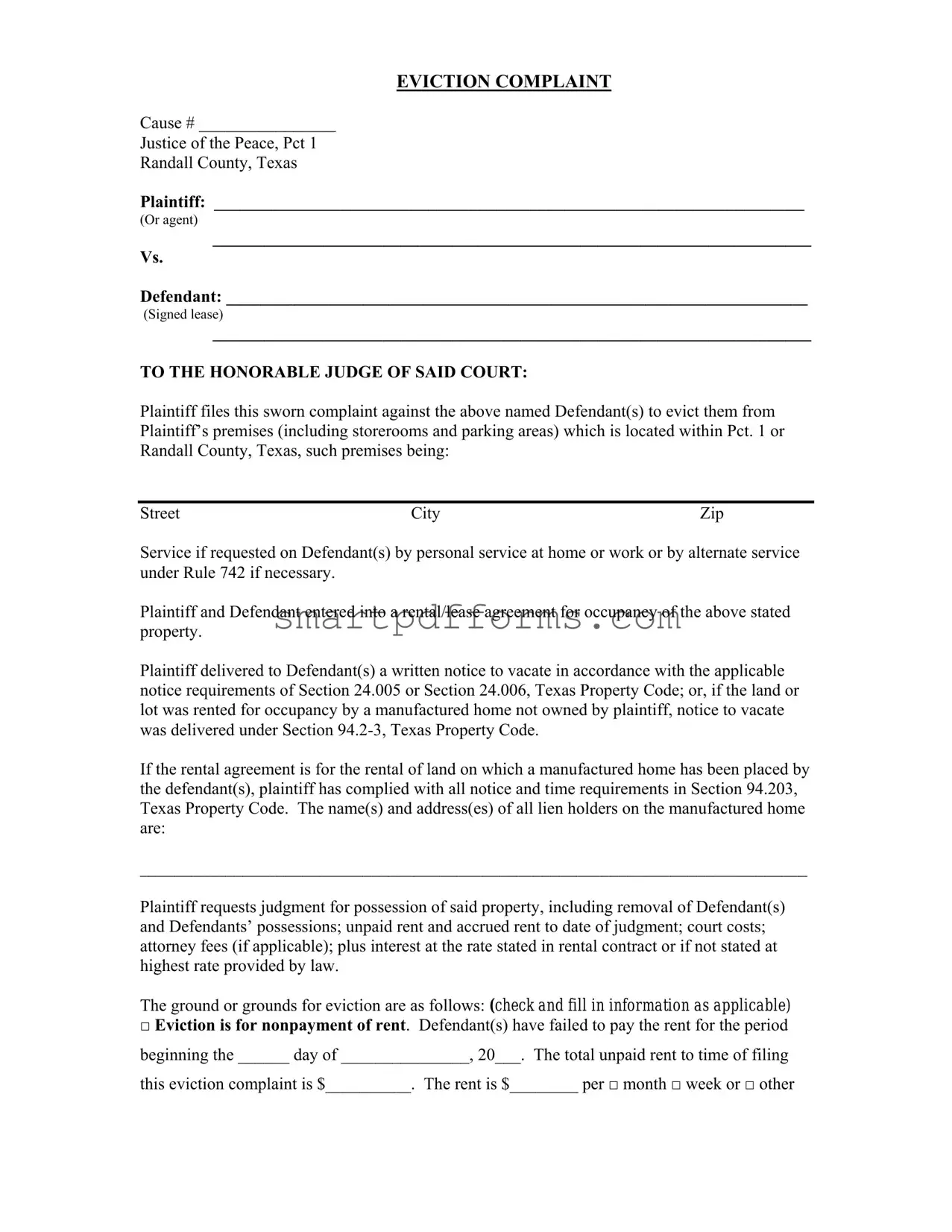 Blank Eviction Complaint PDF Template
