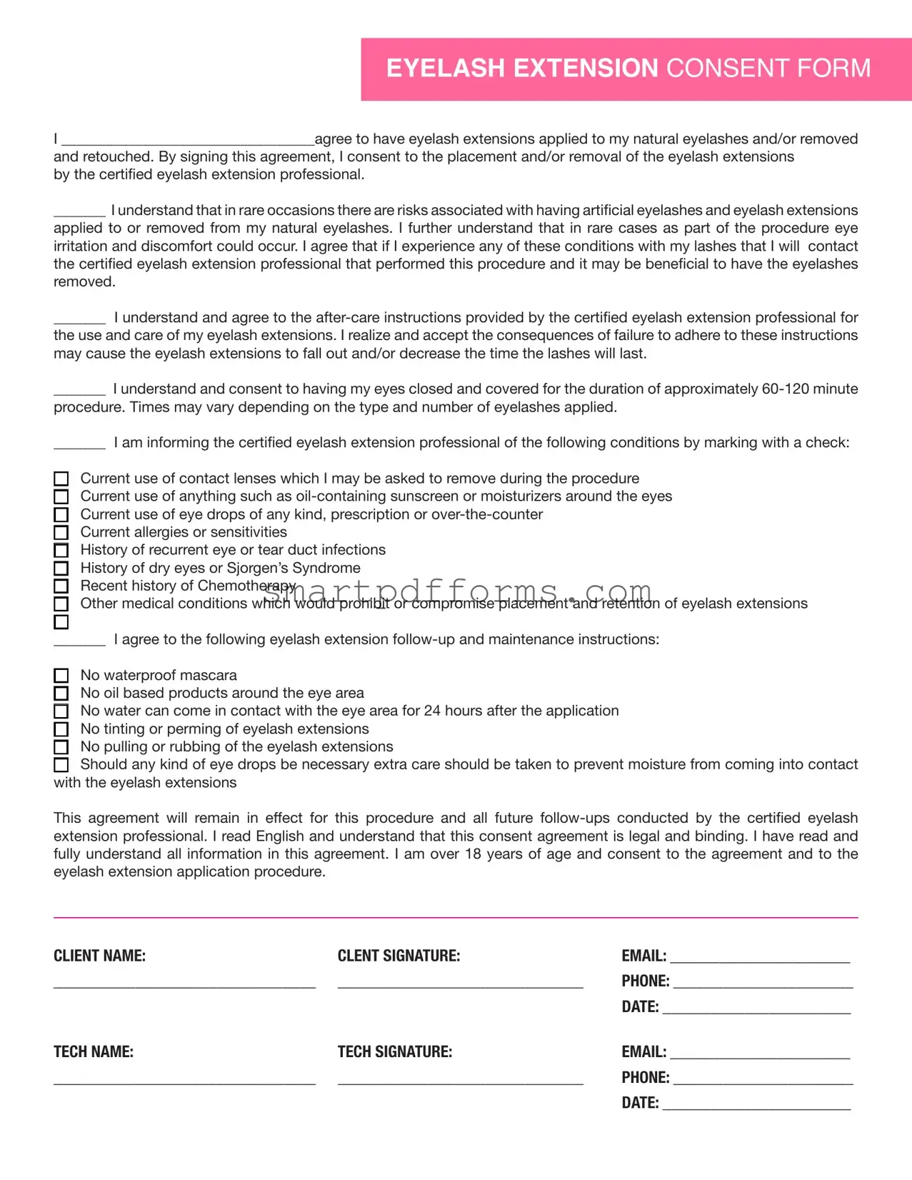 Blank Eyelash Extension Consent PDF Template