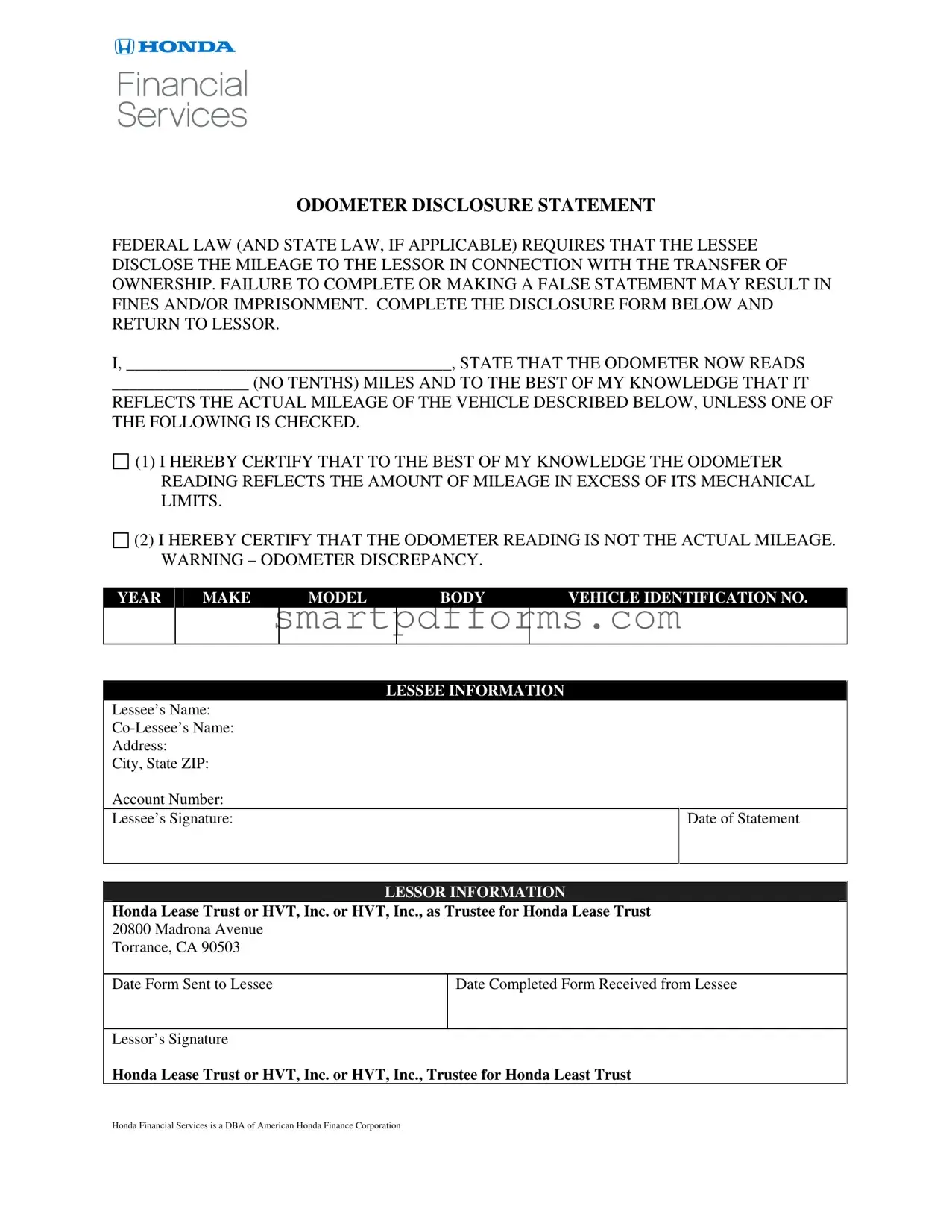 Blank Honda Odometer Statement PDF Template