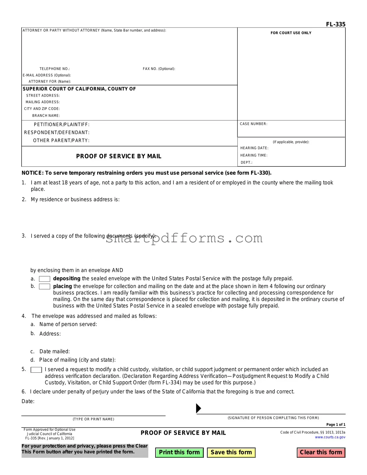 Blank Fl335 Proof Of Service PDF Template