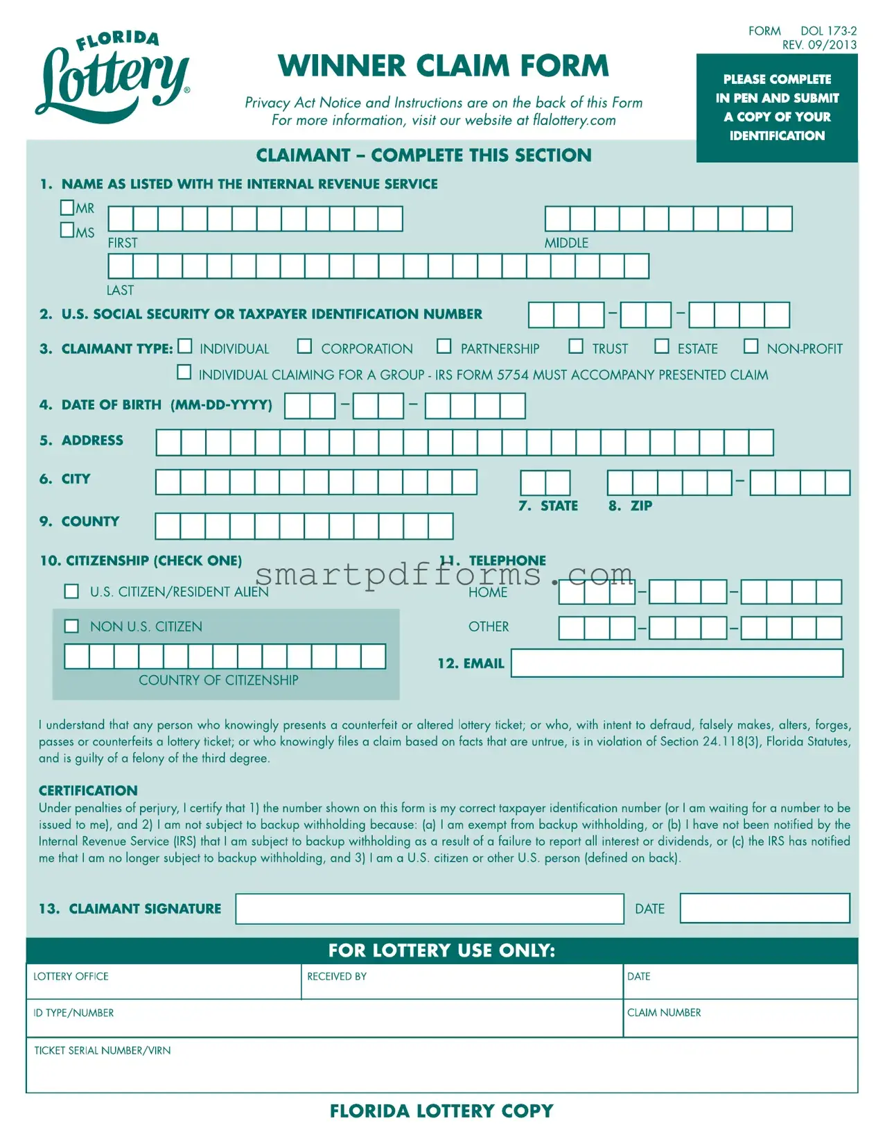 Blank Florida Lottery Claim PDF Template