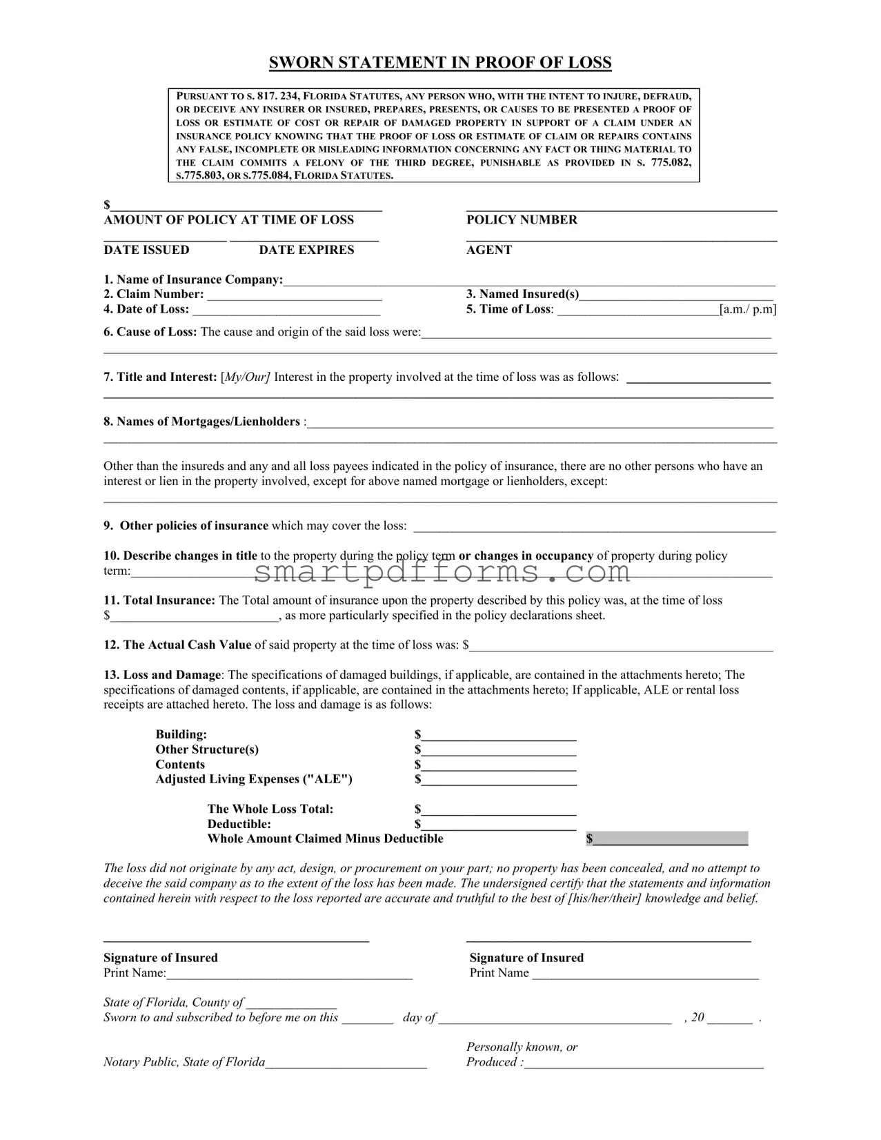 Blank Florida Proof Loss PDF Template