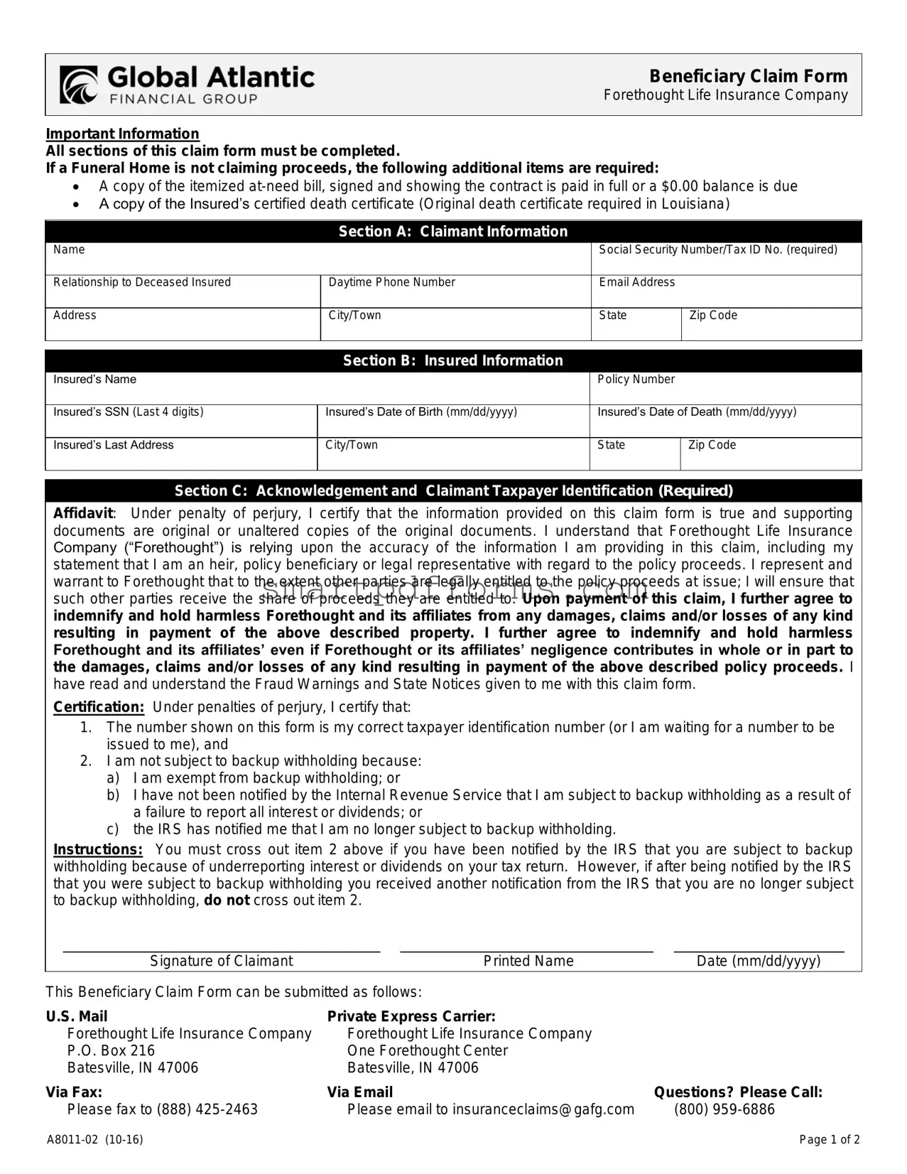Blank Forethought Life Insurance Claim PDF Template
