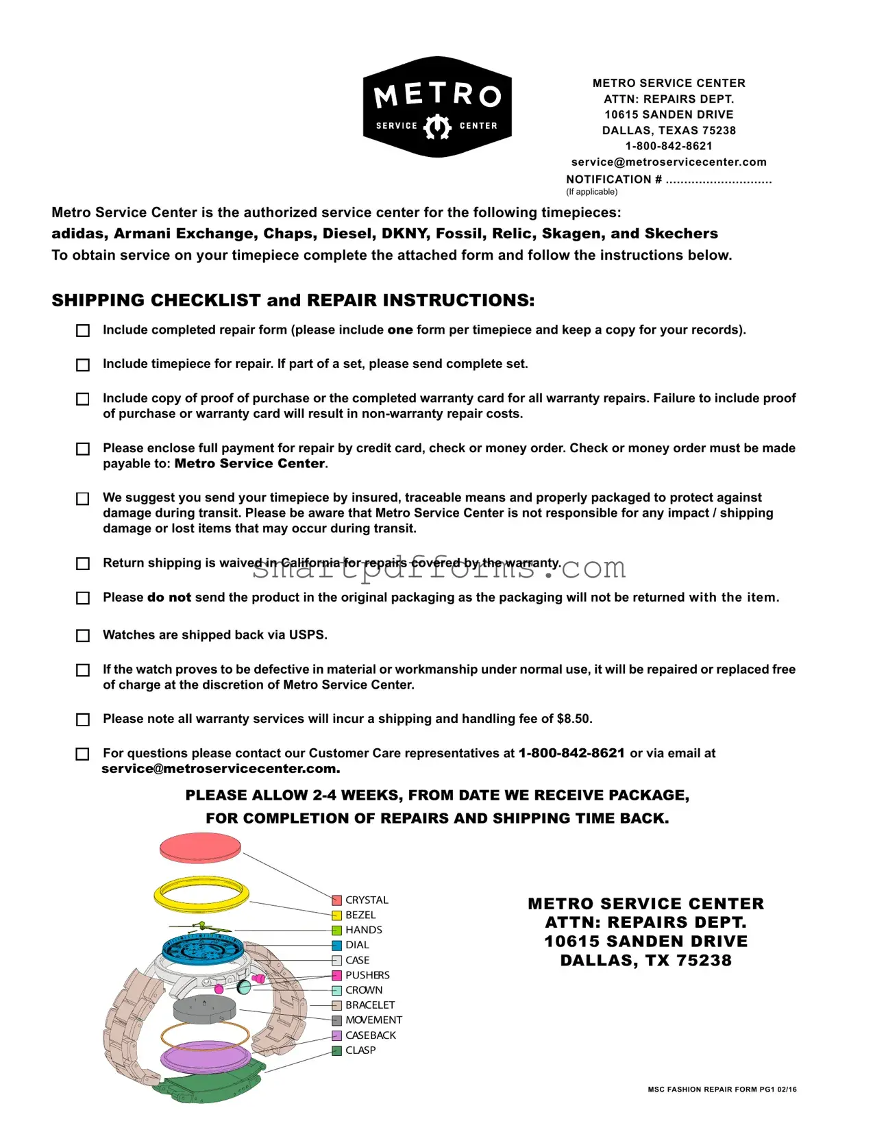 Blank Fossil Watch Repair PDF Template