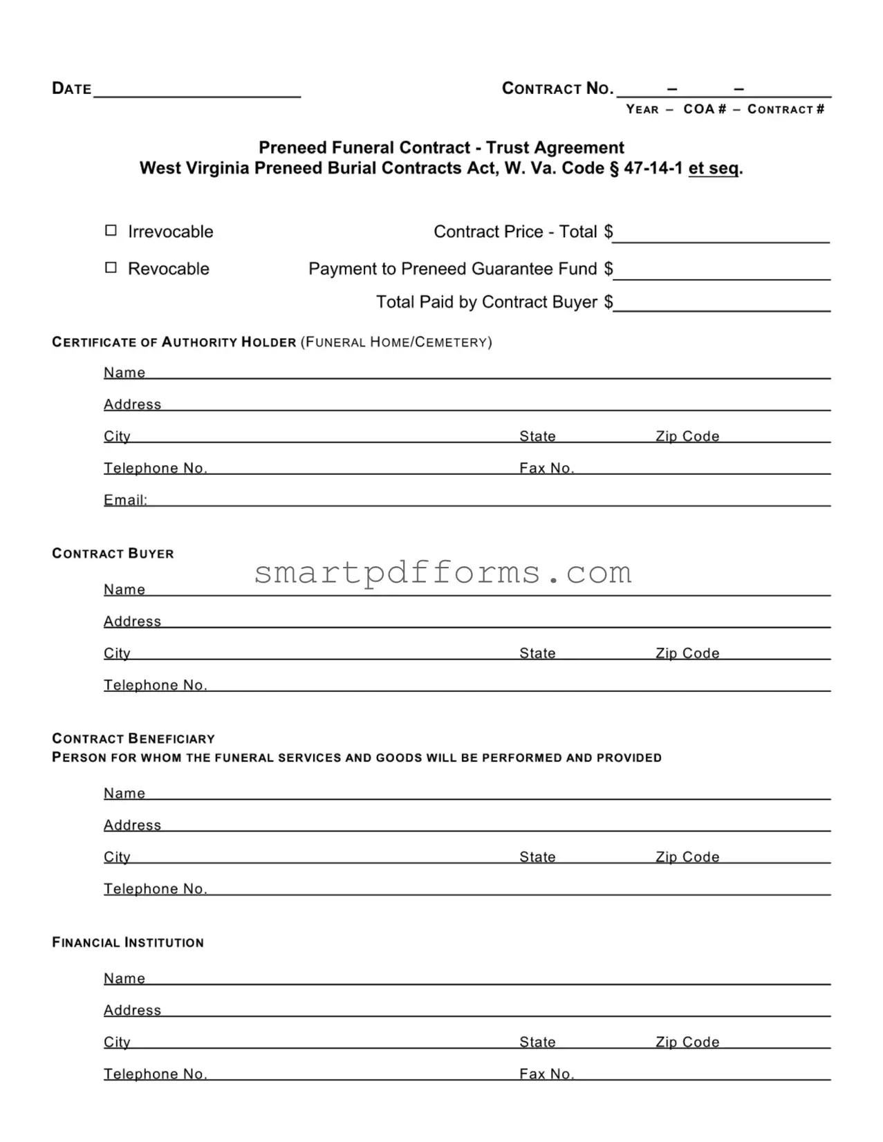 Blank Funeral Contract Sample PDF Template