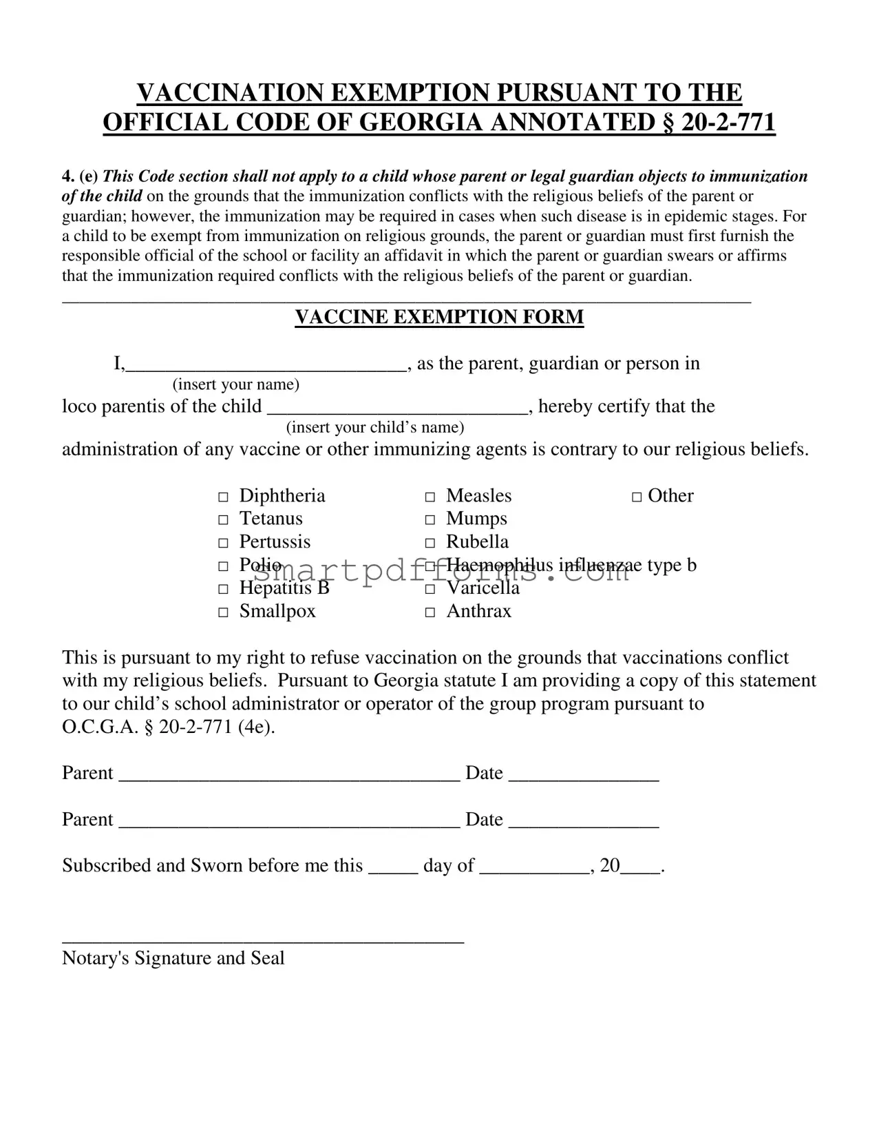Blank Ga Vaccine Exemption PDF Template