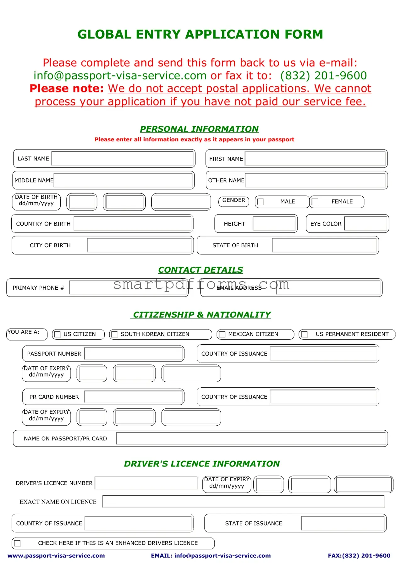 Blank Global Entry Application PDF Template