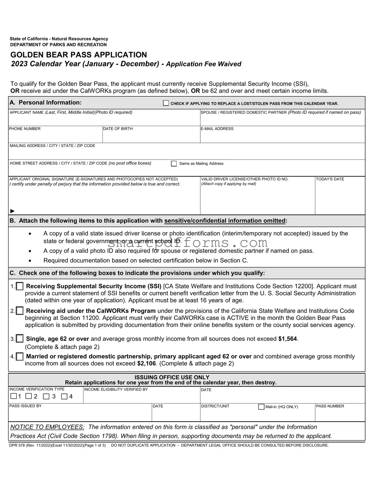 Blank Golden Bear Pass Application PDF Template
