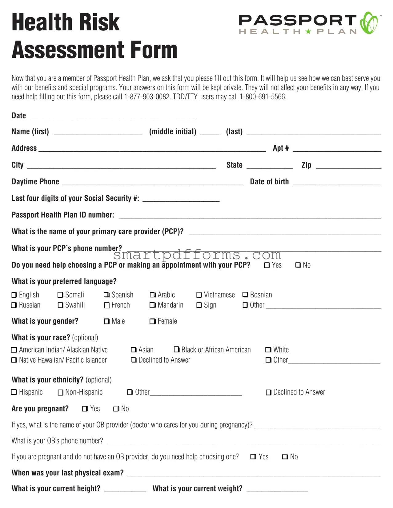 Blank Health Risk Assessment PDF Template