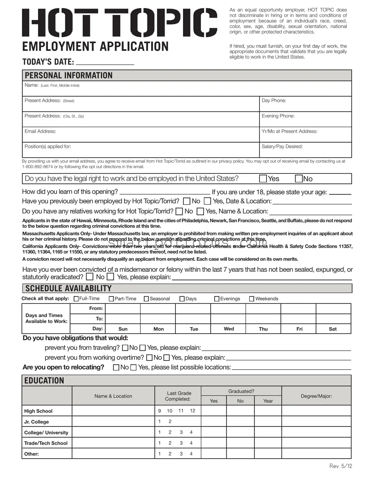 Blank Hot Topic Application PDF Template