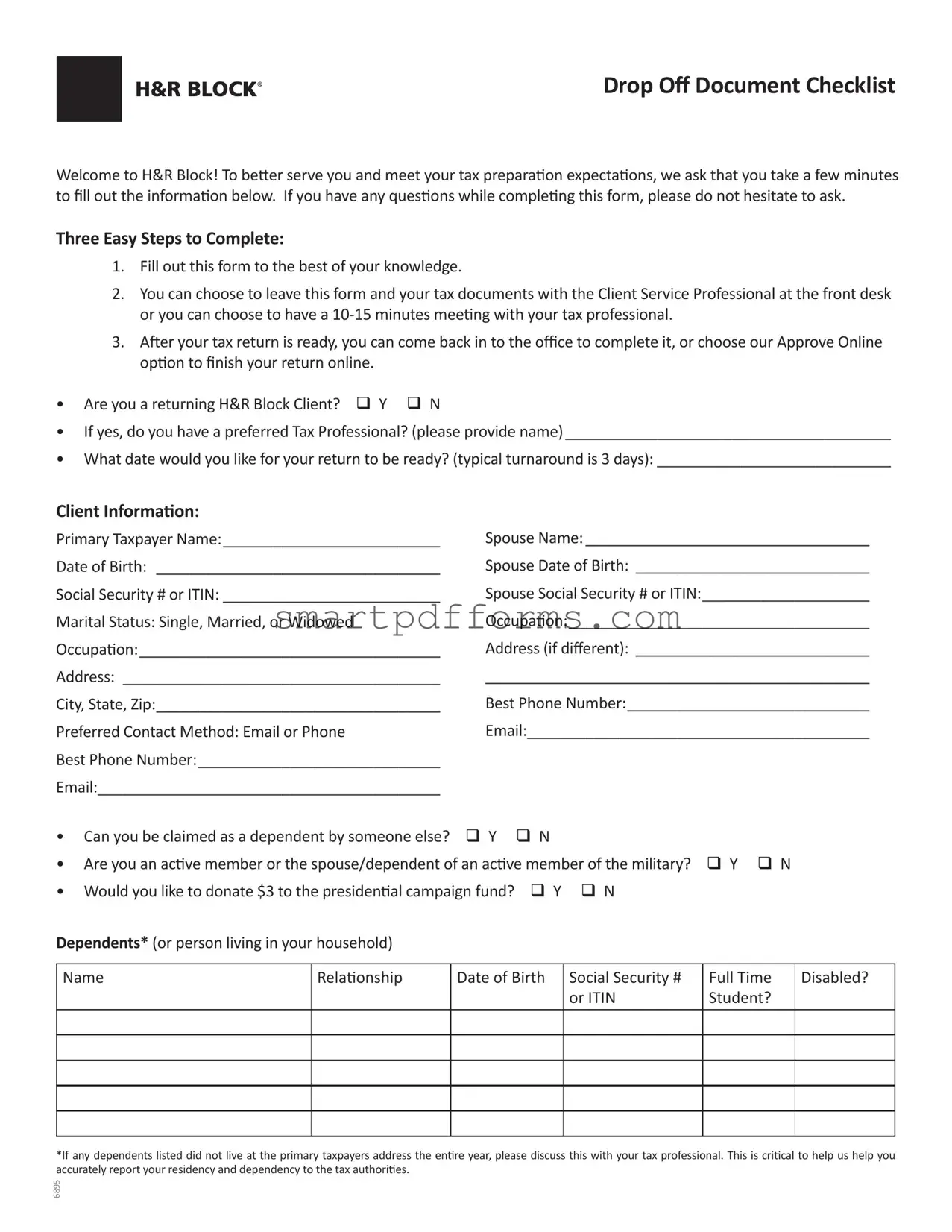 Blank Hr Block Drop Off Checklist PDF Template