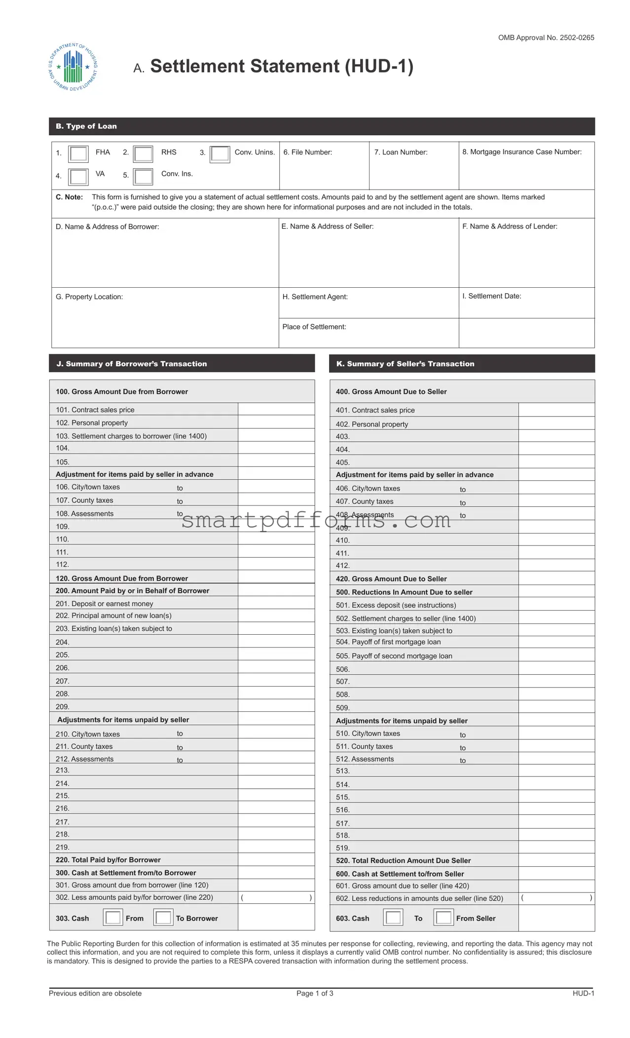 Blank HUD-1 Settlement Statement PDF Template
