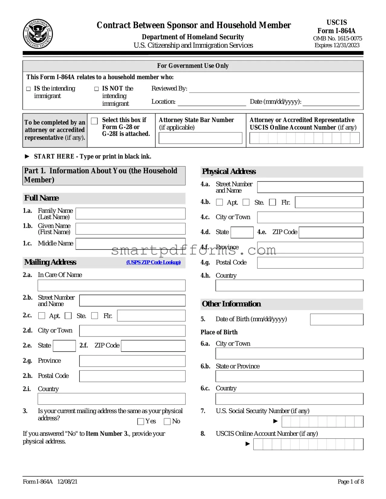 Blank I 864A Affidavit Of Support PDF Template