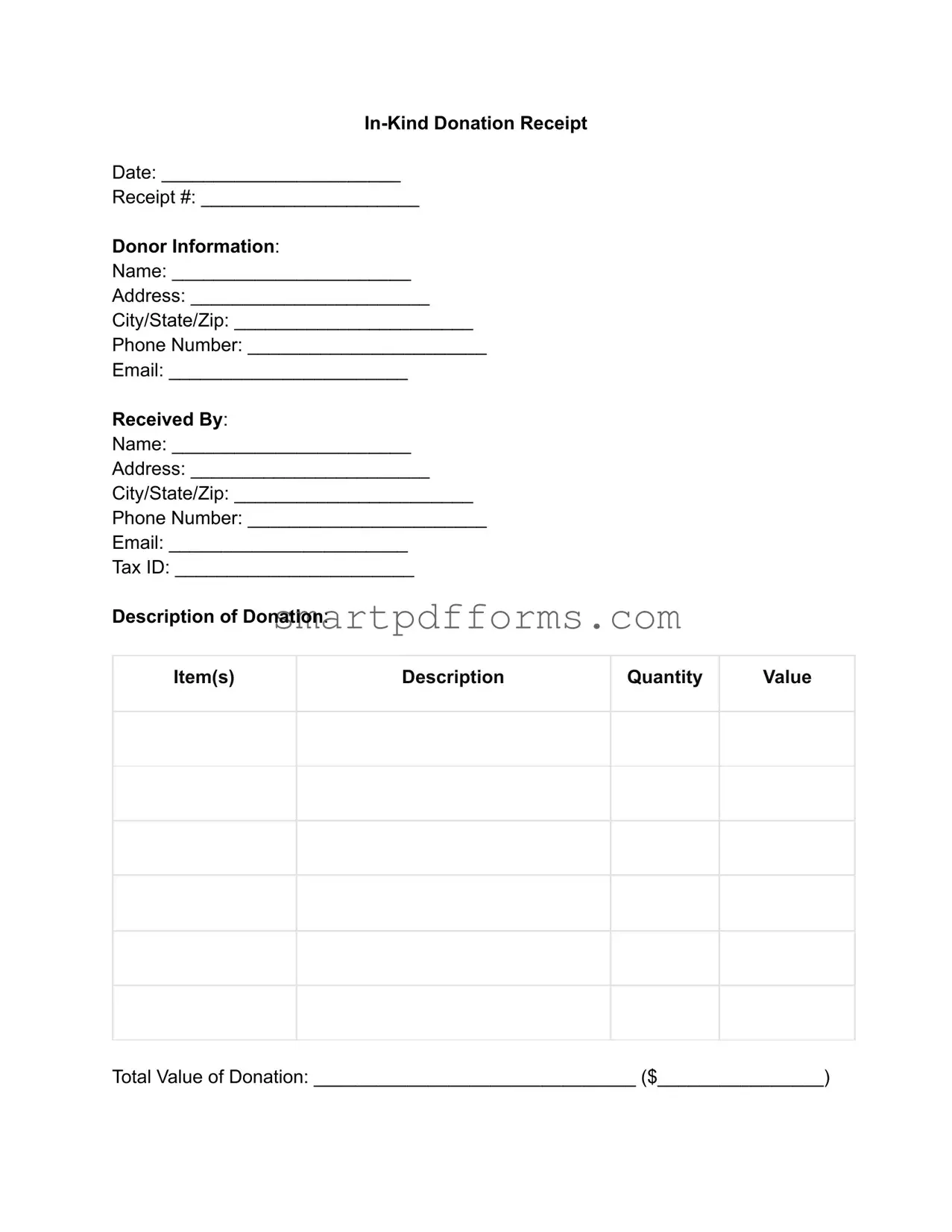 Blank In-Kind Donation Receipt PDF Template
